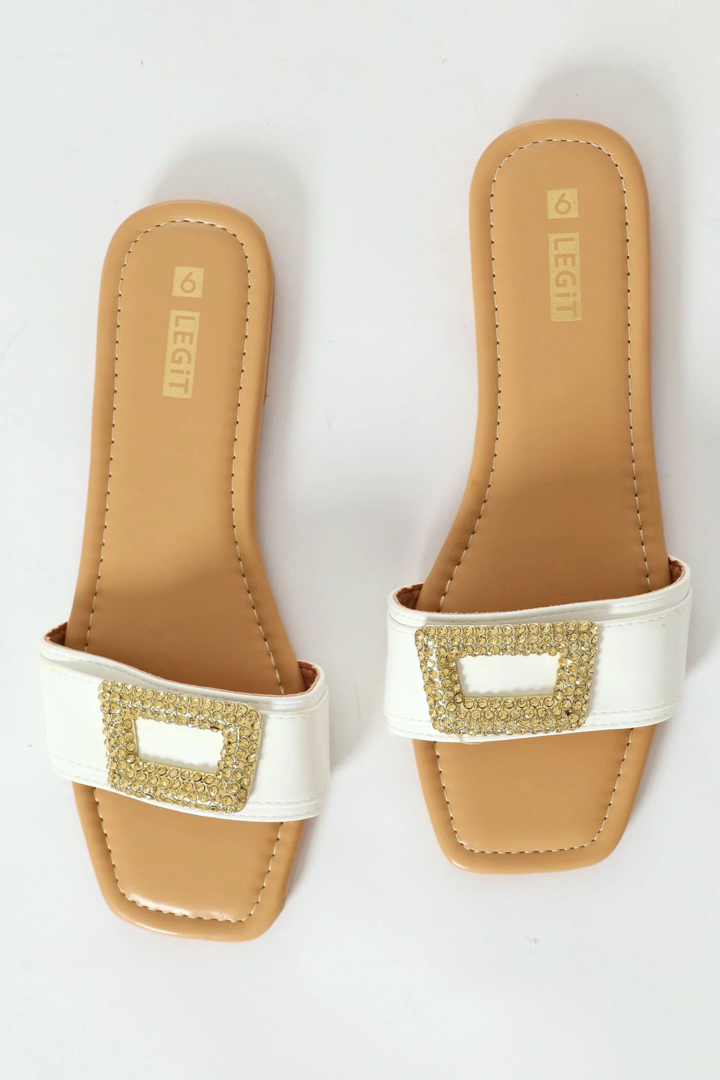 Flat One Strap Mule Sandal With Square Diamante Trim - White - Image 5