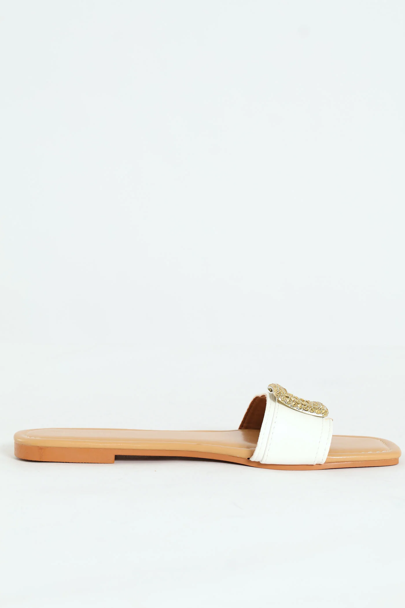 Flat One Strap Mule Sandal With Square Diamante Trim - White - Image 6
