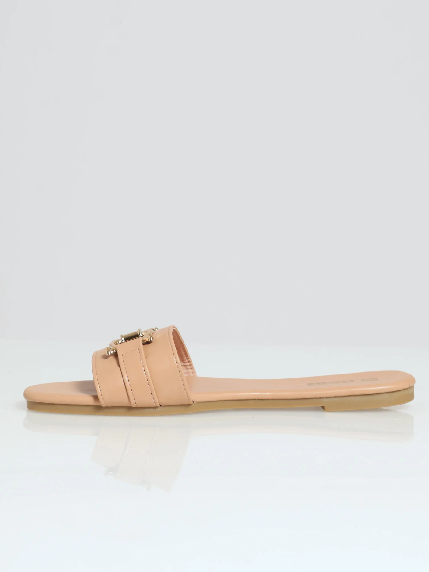 Flat One Strap Push In Mule Sandal With Bar Trim - Beige - Image 3