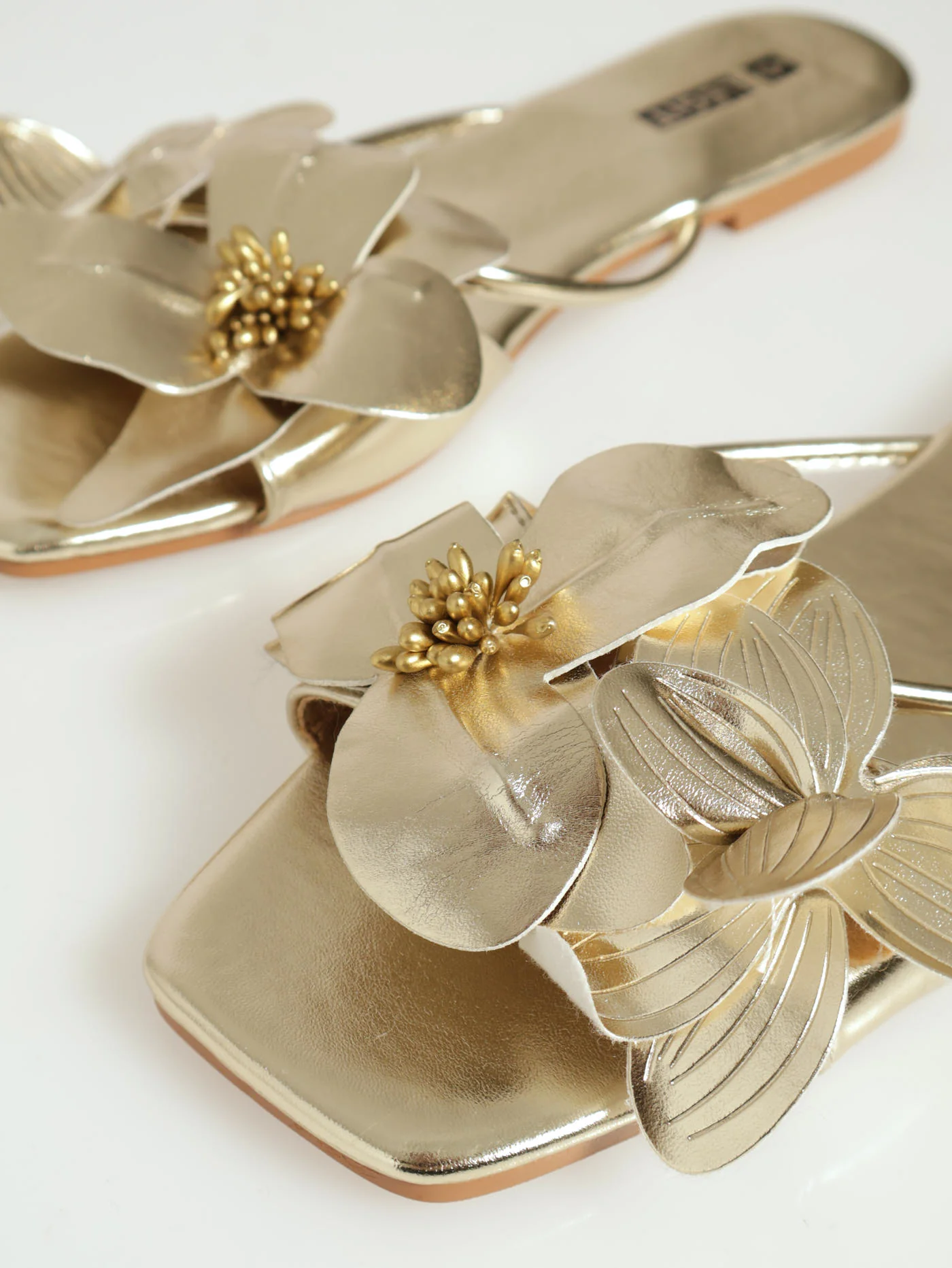 Flat One Strap Push In Mule With Flower Detail - Gold - Image 2