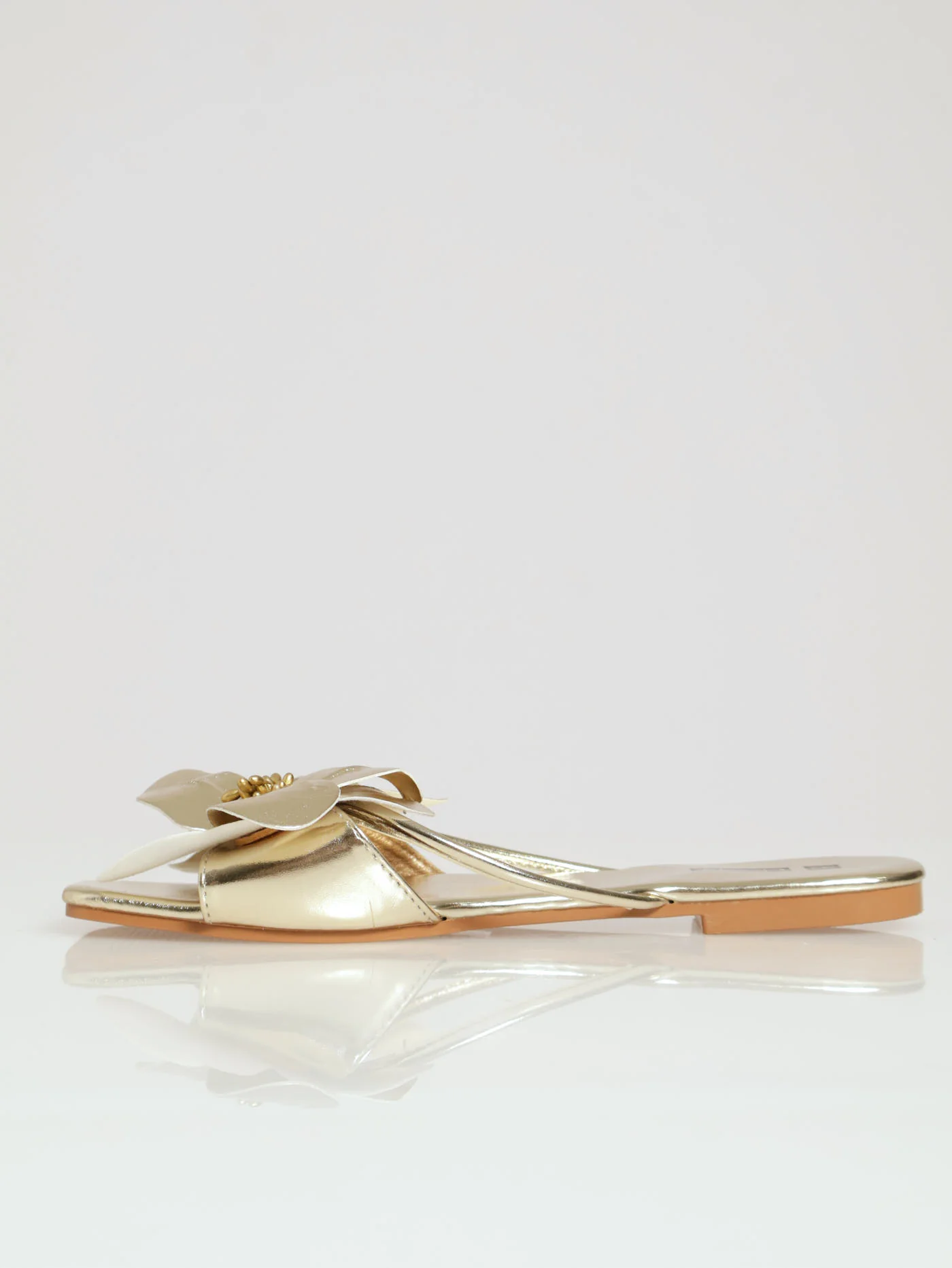 Flat One Strap Push In Mule With Flower Detail - Gold - Image 3