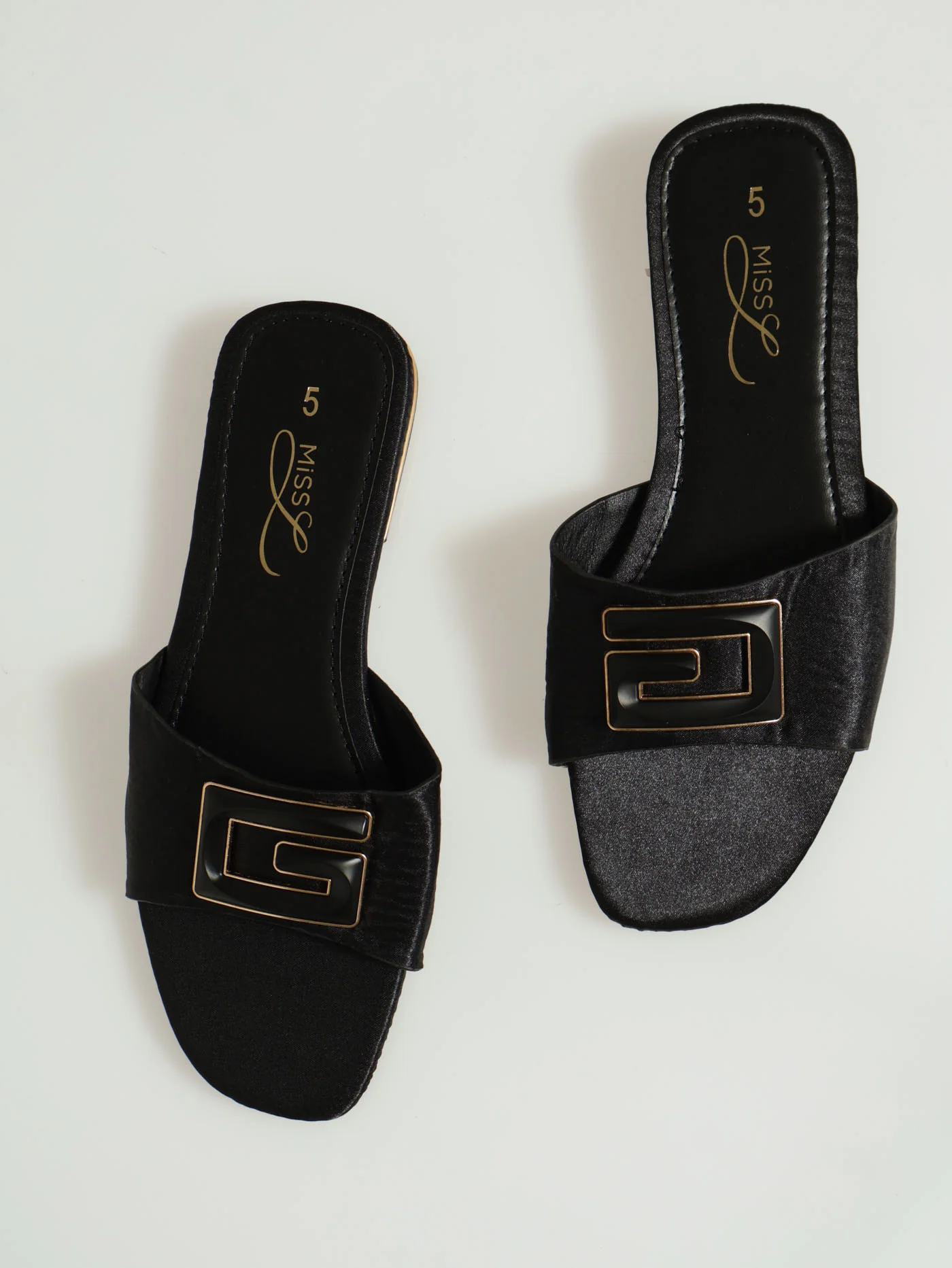 Flat One Strap Push In Mule With Monogram Trim - Black