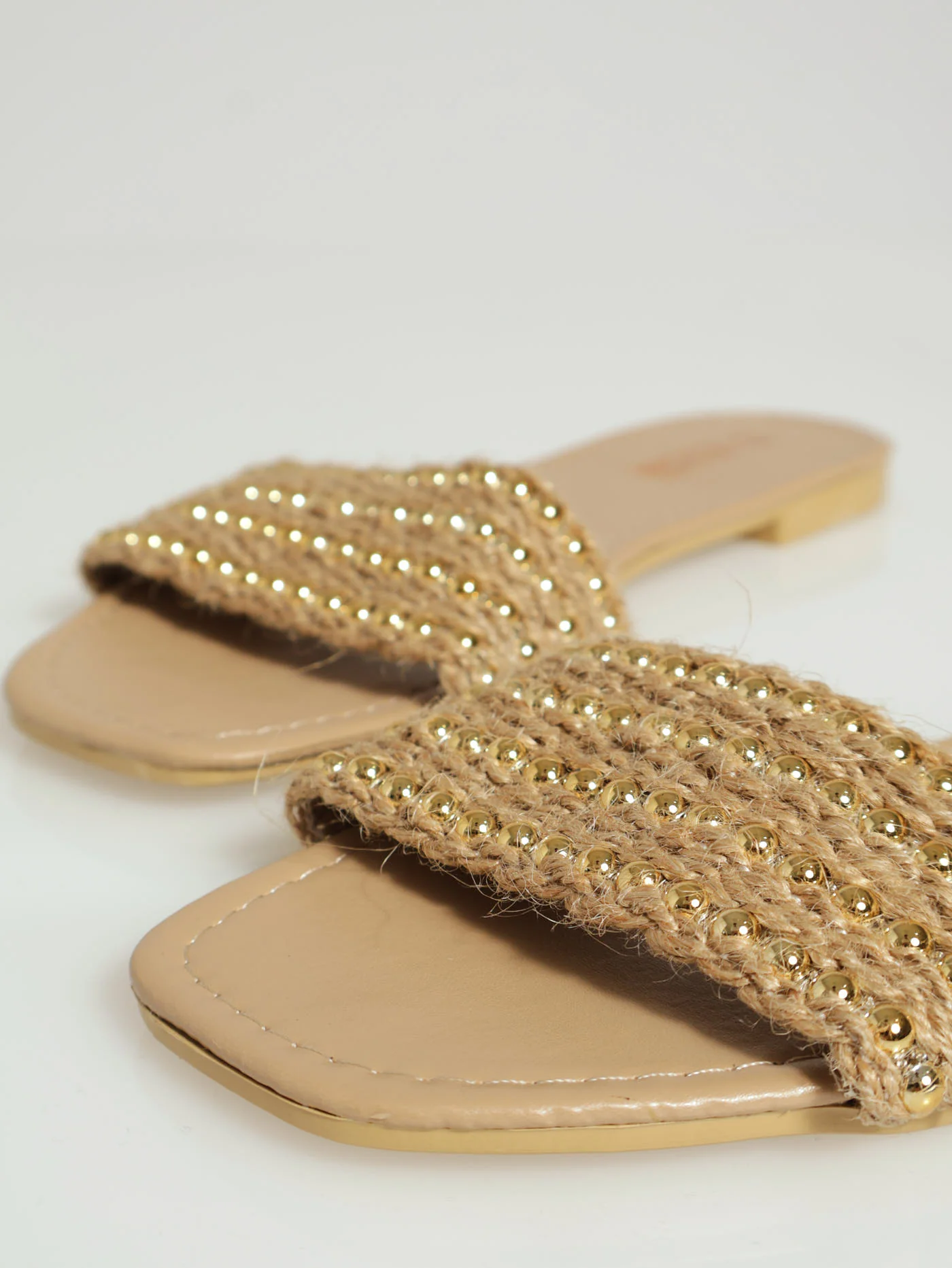 Flat One Strap Raffia Mule Sandal With Studs - Sand - Image 2
