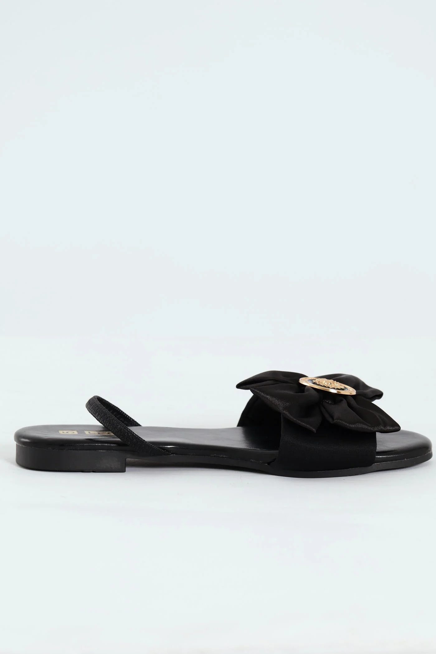 Flat One Strap Round Monogram Trim Bow Sandal - Black