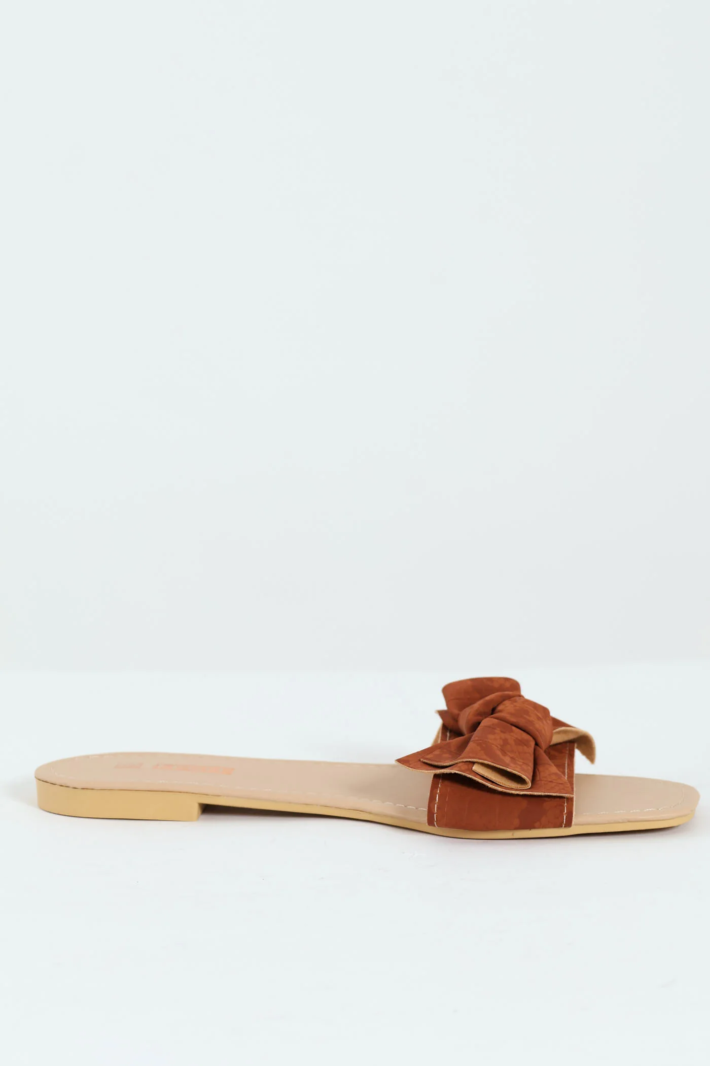 Flat One Strap Snake Skin Bow Mule Sandal - Rust - Image 3