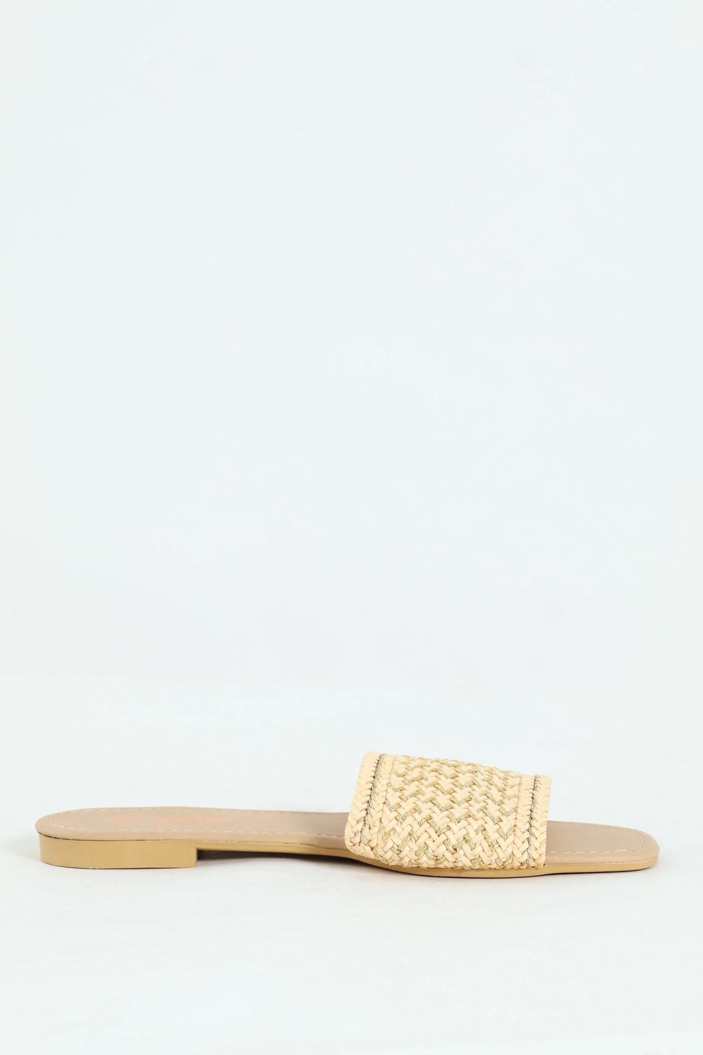 Flat One Strap Weave Metallic Detail Mule Sandal - Sand