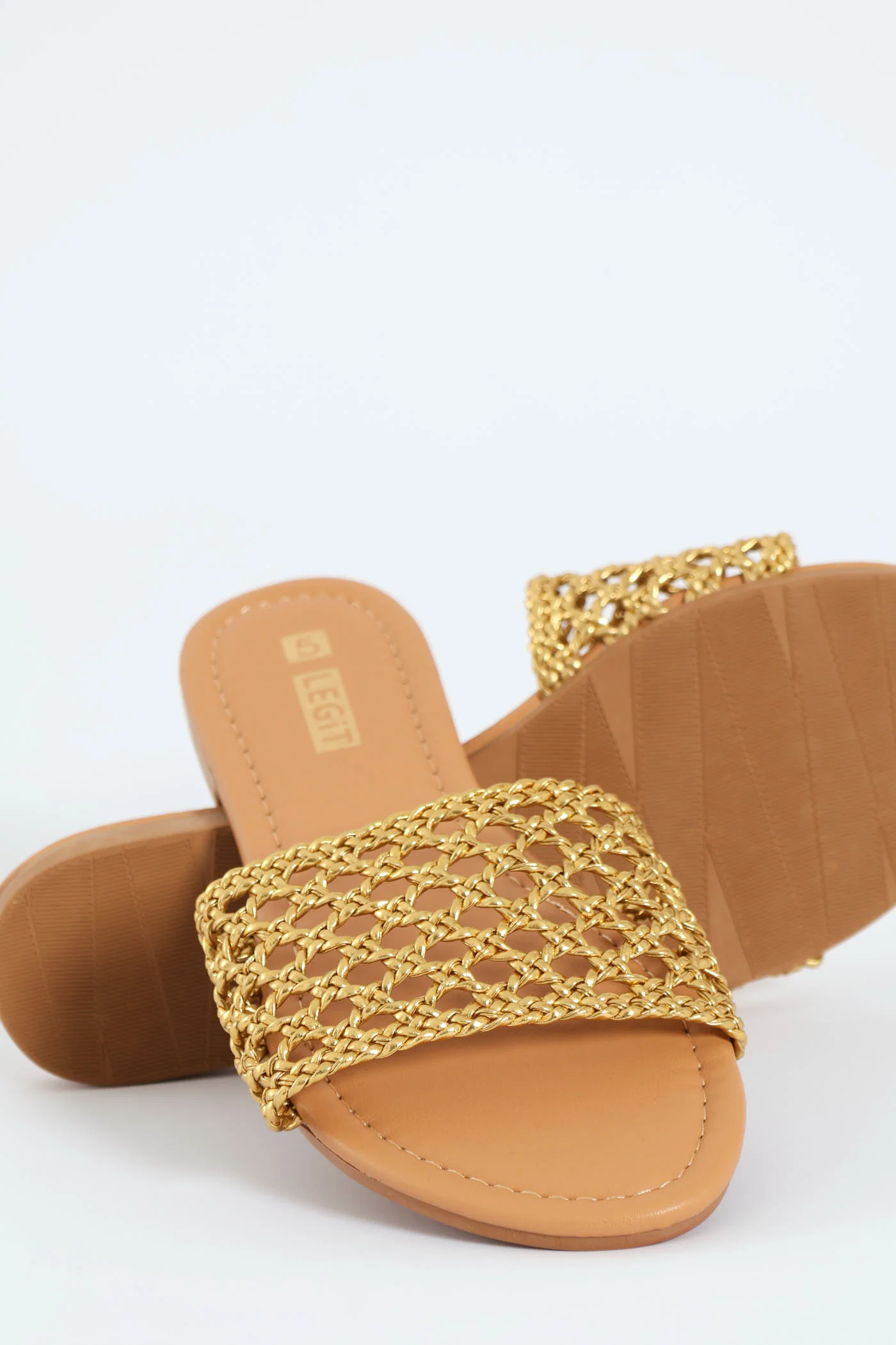 Flat One Strap Weave Mule Sandal - Gold - Image 3