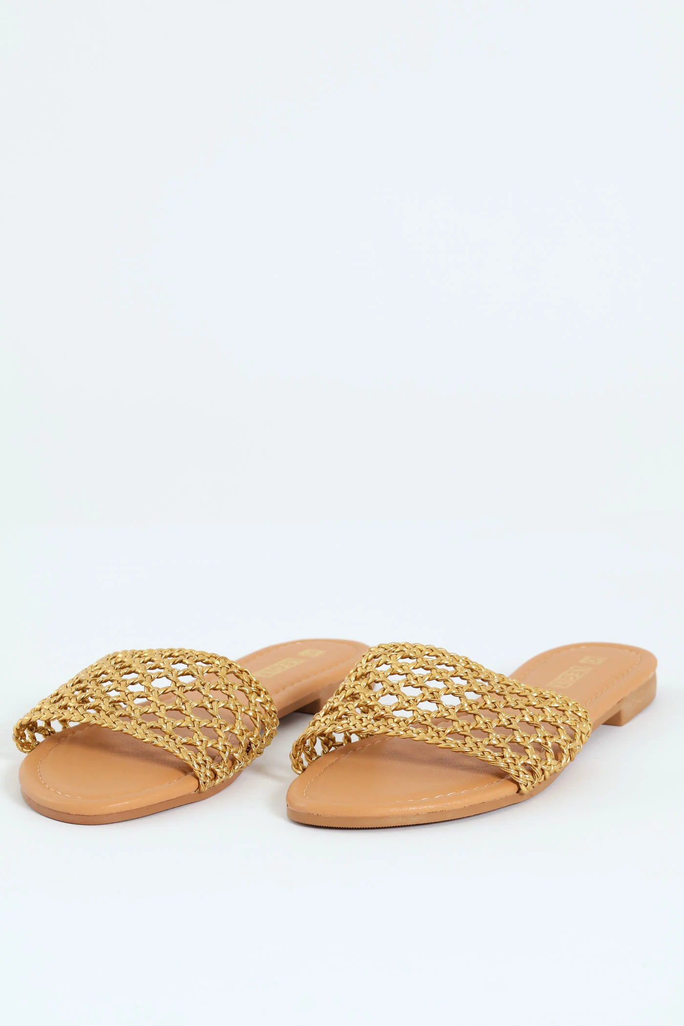 Flat One Strap Weave Mule Sandal - Gold - Image 4