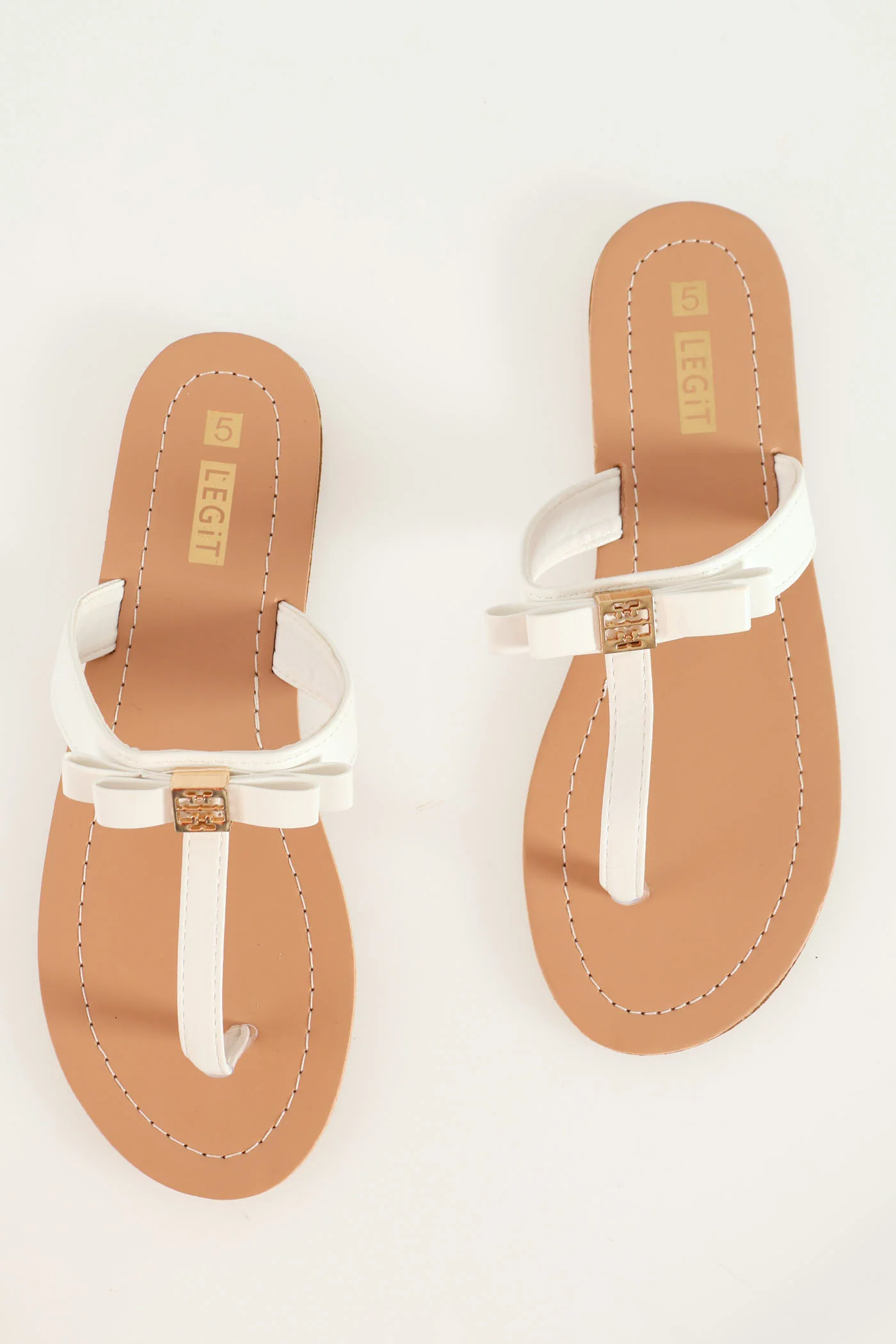 Flat Thong Bow Sandal With Gold Centre Trim - White - Image 2