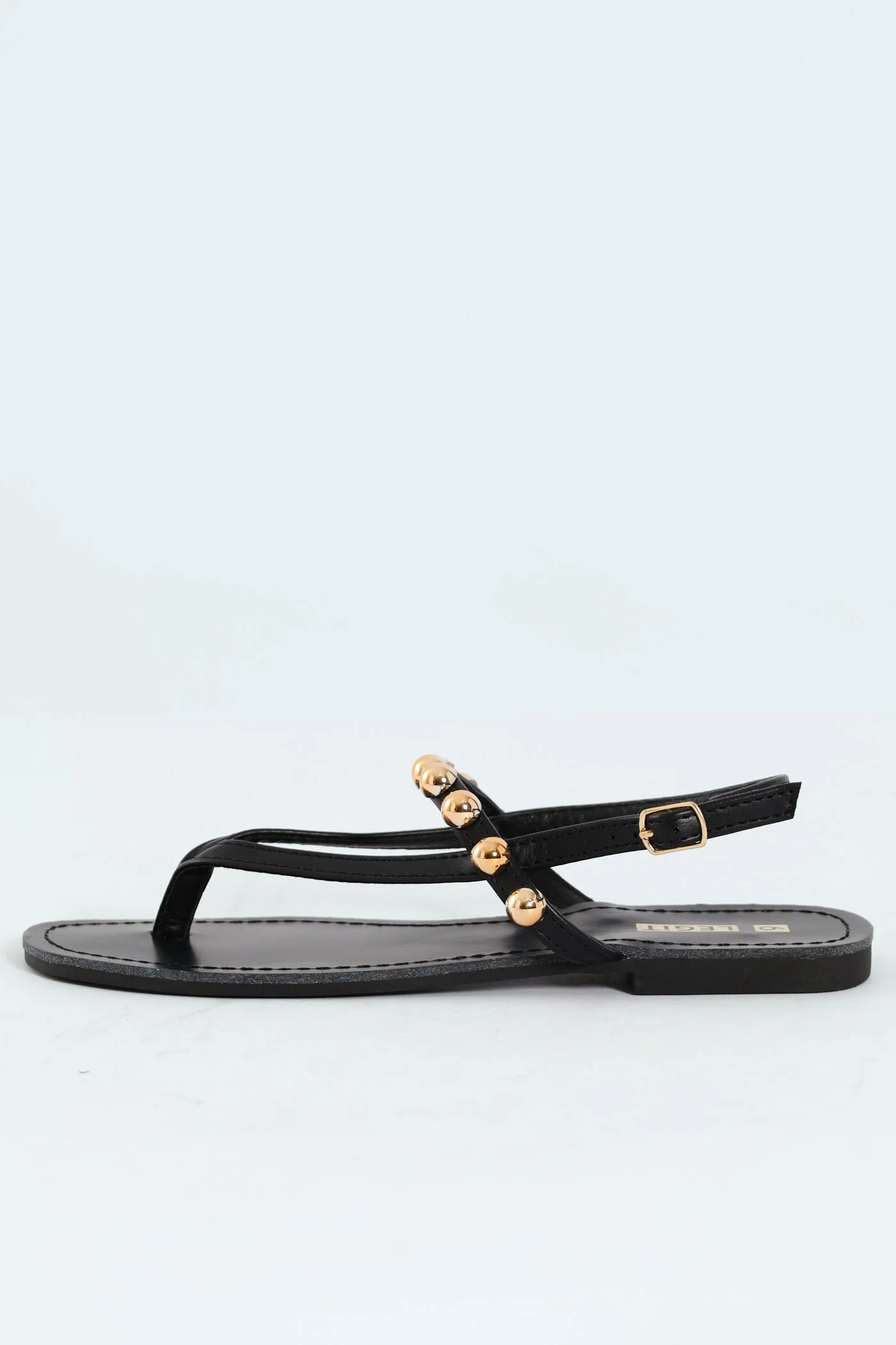Flat Thong Sandal With Round Studs & Ankle Buckle - Black