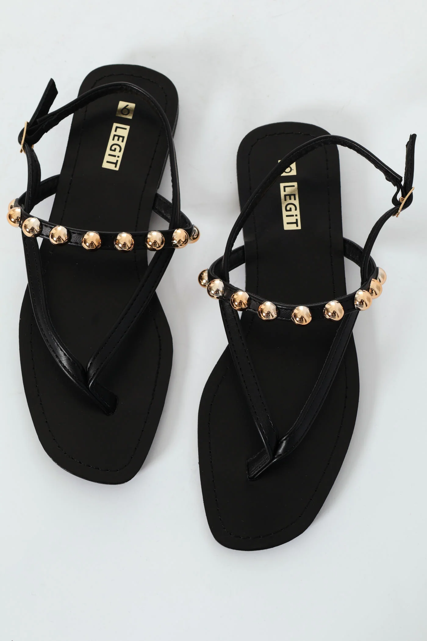 Flat Thong Sandal With Round Studs & Ankle Buckle - Black - Image 2