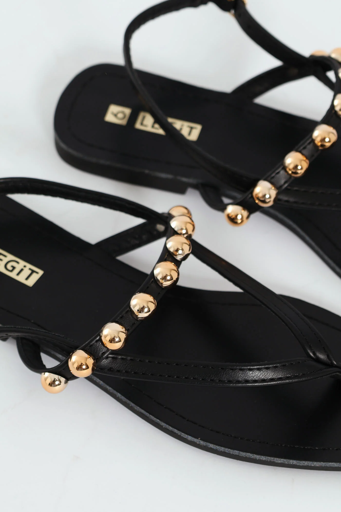 Flat Thong Sandal With Round Studs & Ankle Buckle - Black - Image 3
