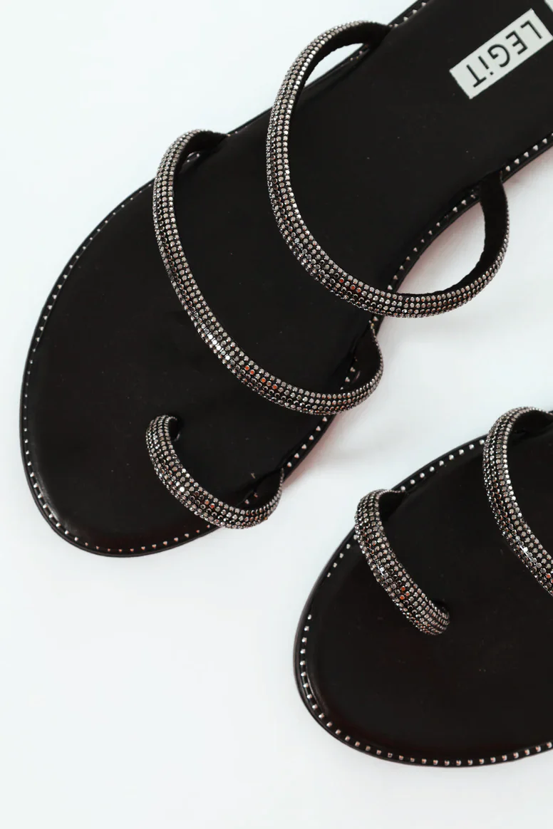 Flat Toe Post Diamante Tube Mule Sandal - Gunmetal - Image 3