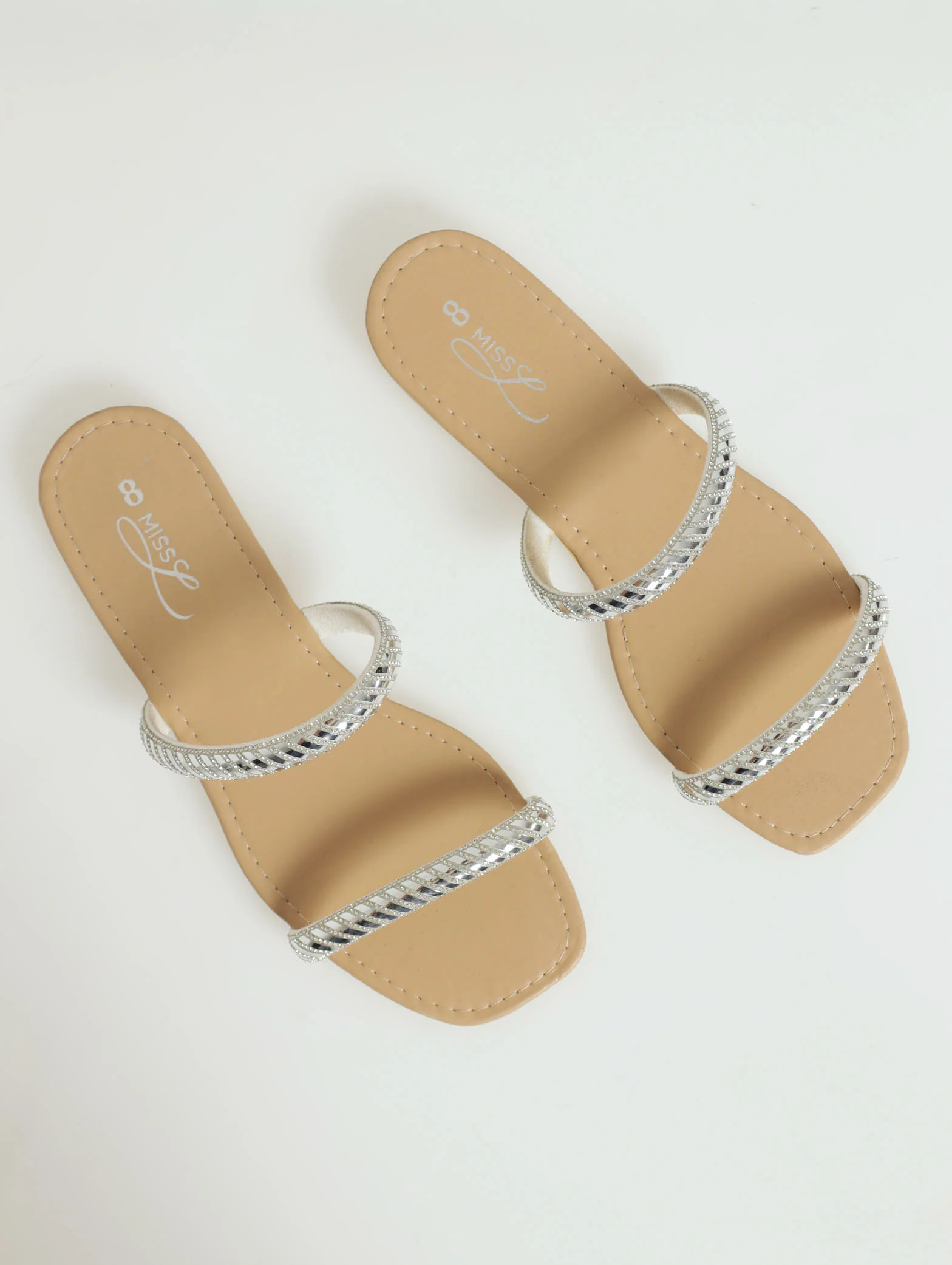 Flat Tubular Embellished 2 Strap Push In Mule - Silver