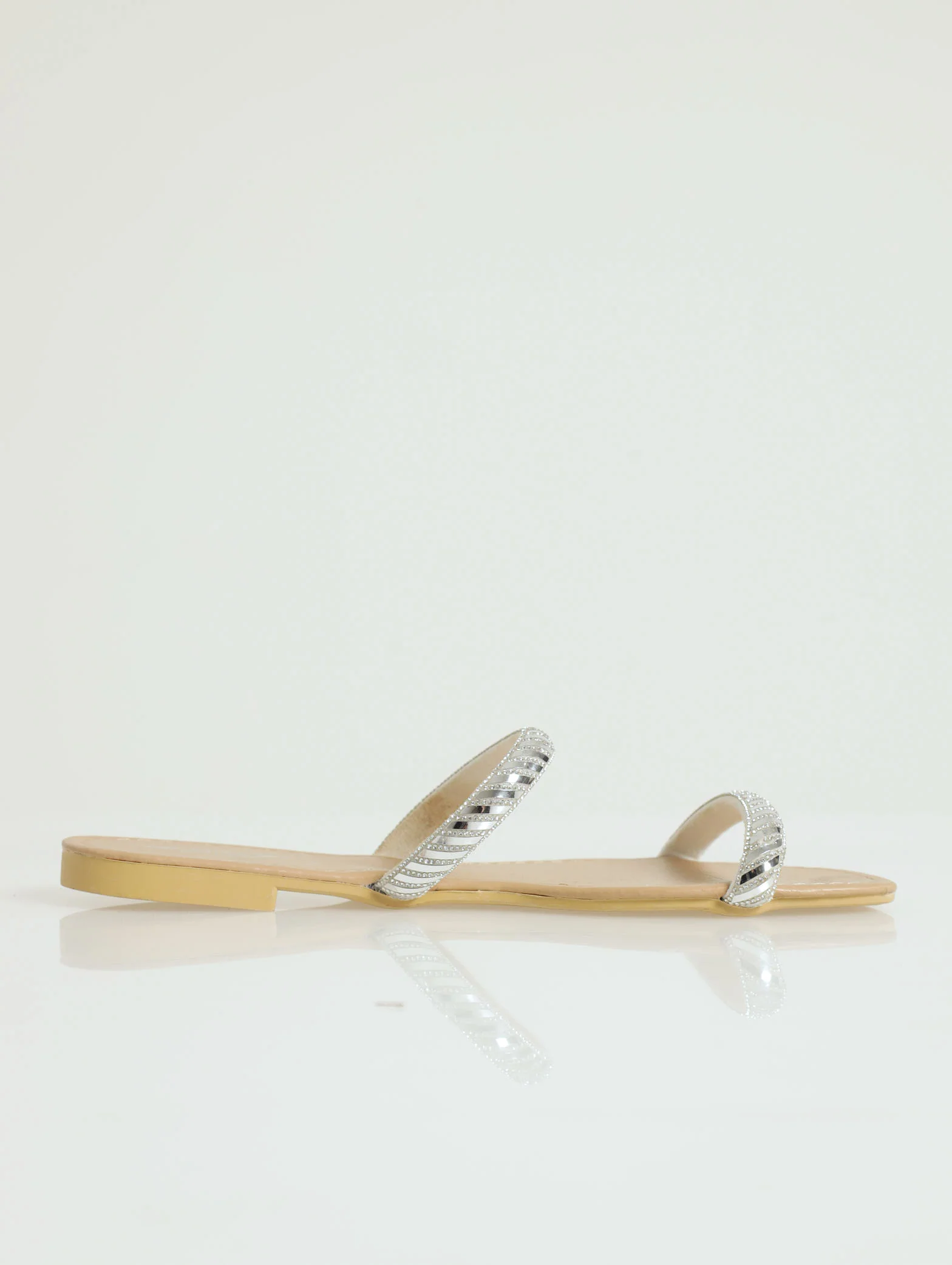 Flat Tubular Embellished 2 Strap Push In Mule - Silver - Image 2
