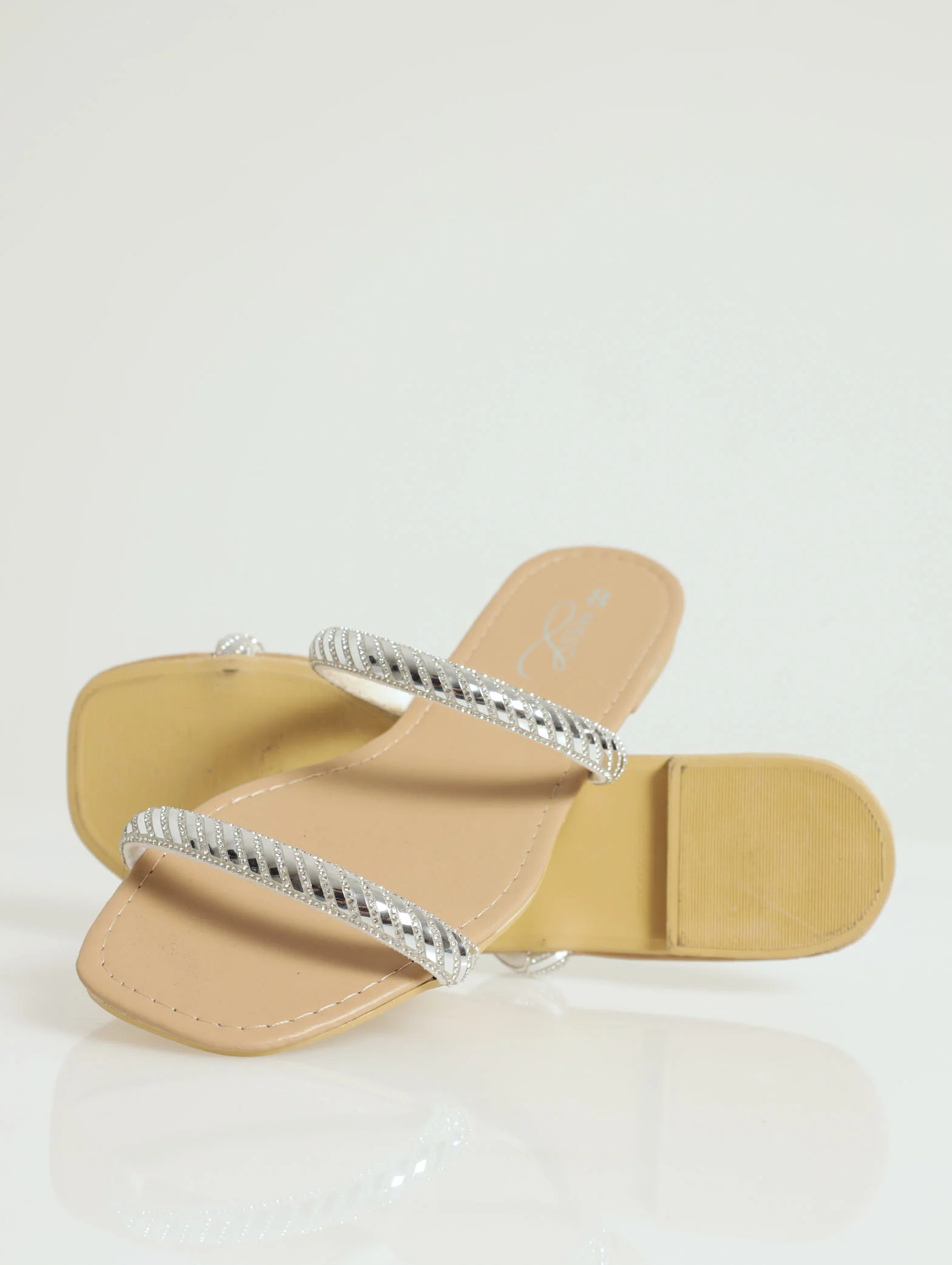 Flat Tubular Embellished 2 Strap Push In Mule - Silver - Image 3