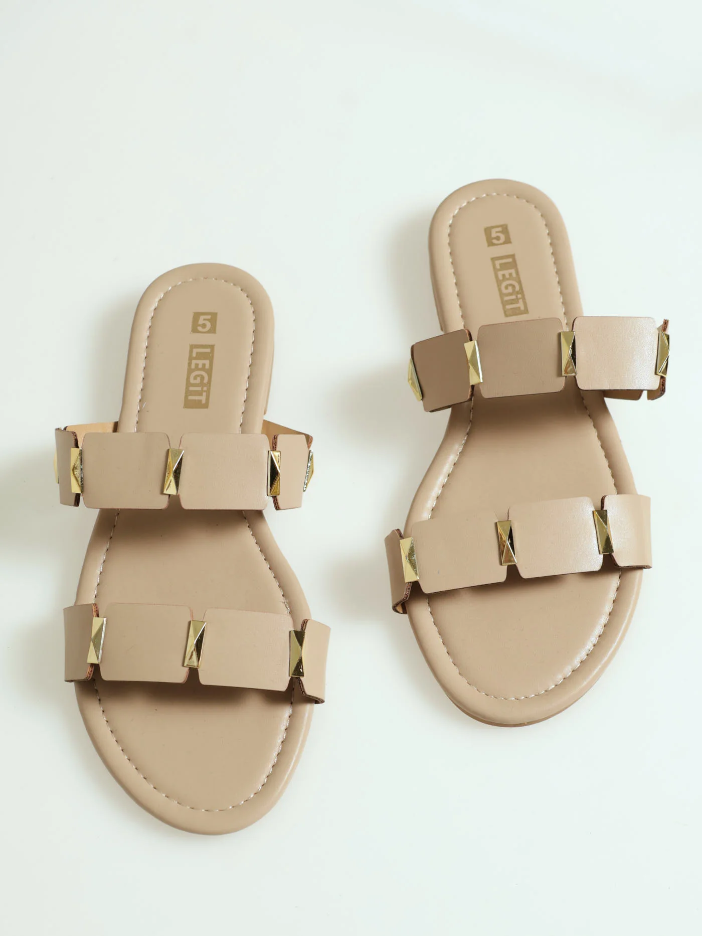 Flat-Two Strap Push In Sandal With Linked Stud Detail - Taupe