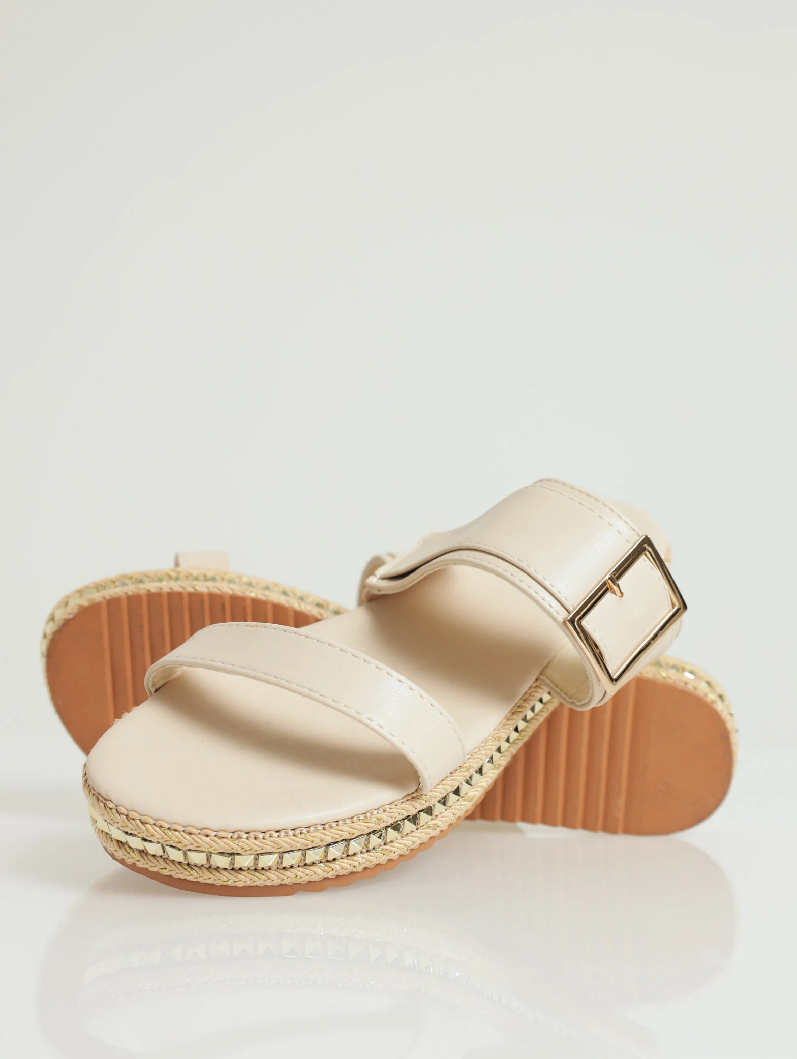 Flatform Studded Sandal With Two Straps & Buckle Detail - Taupe - Image 4