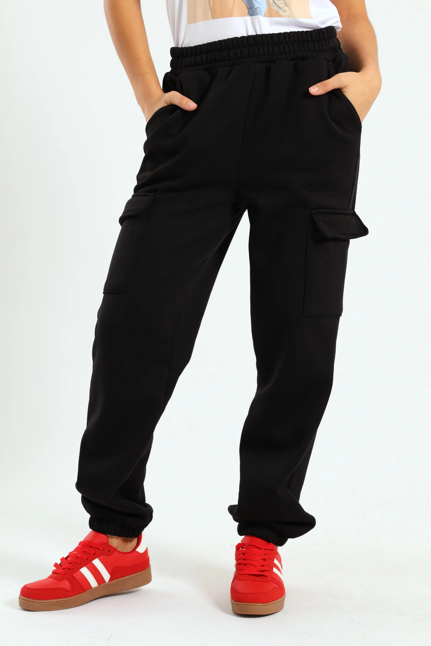 Fleece Cargo Jogger Pants - Black