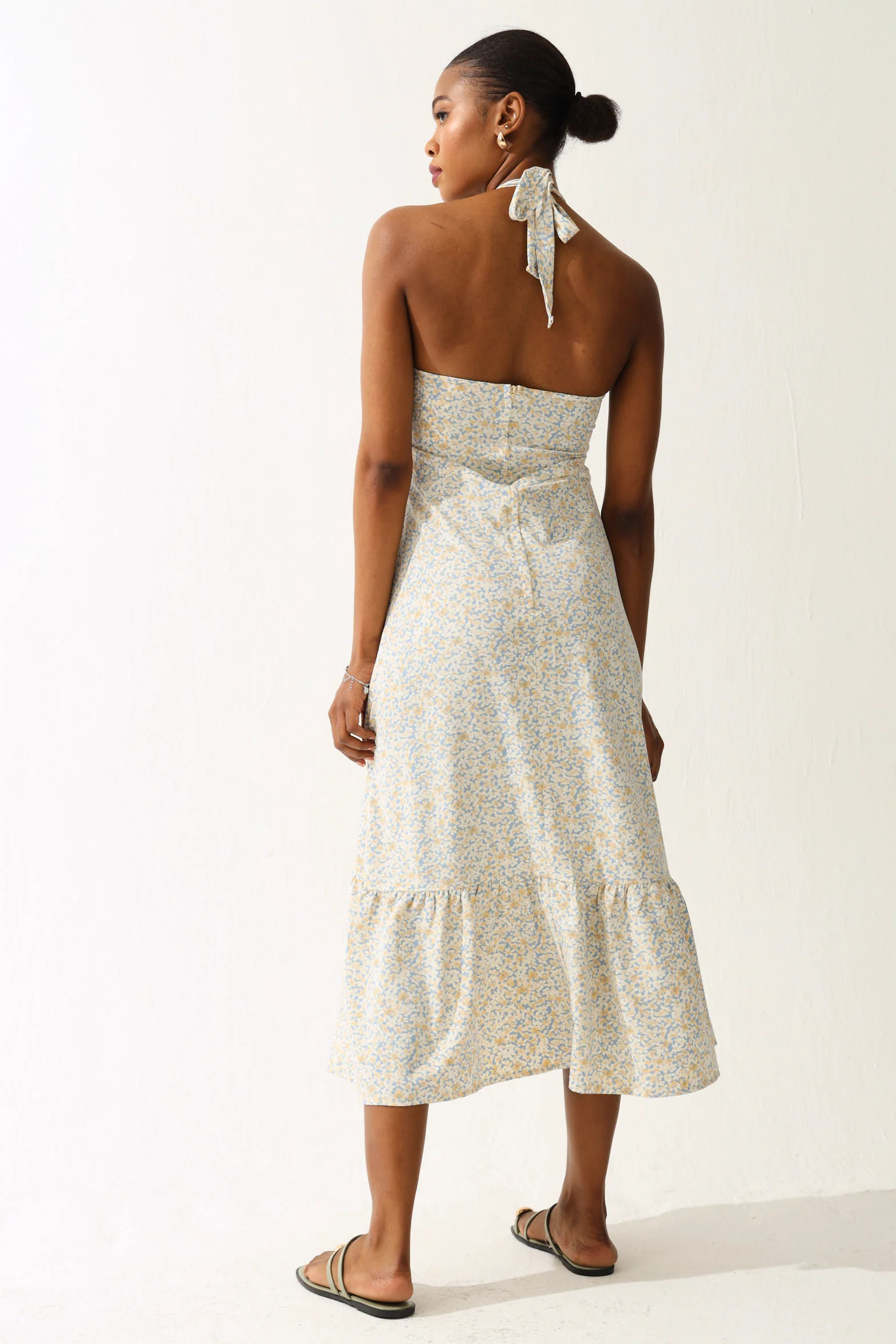 Floral Halter Midi Dress - White/Blue - Image 3