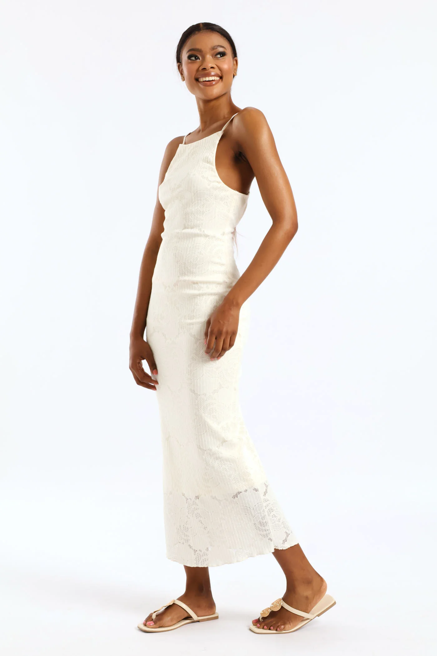 Floral Knit Bodycon Midaxi Dress - Cream - Image 2