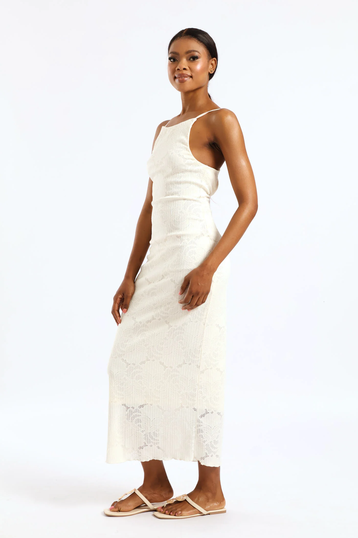 Floral Knit Bodycon Midaxi Dress - Cream - Image 3