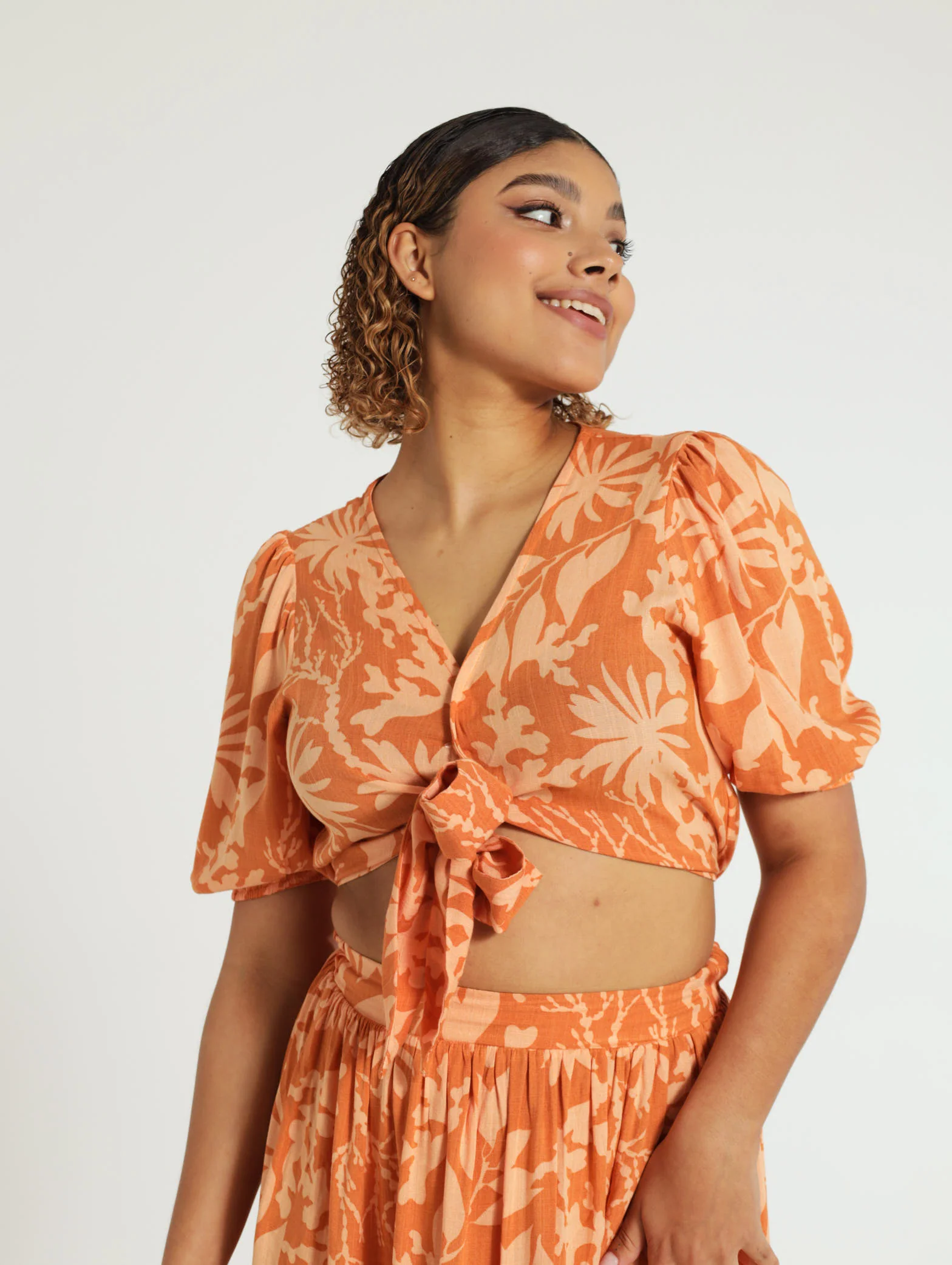 Floral Linen Tie Front Top