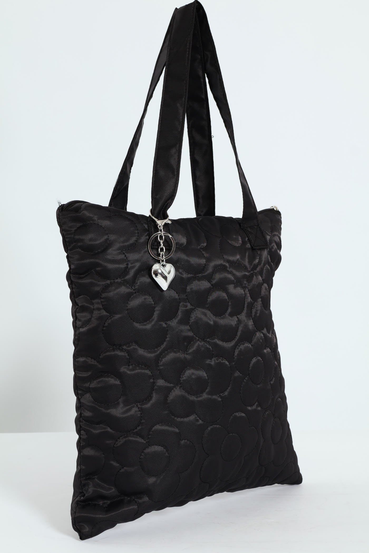 Flower Quilted Heart Charm Shopper Bag - Black - Image 2