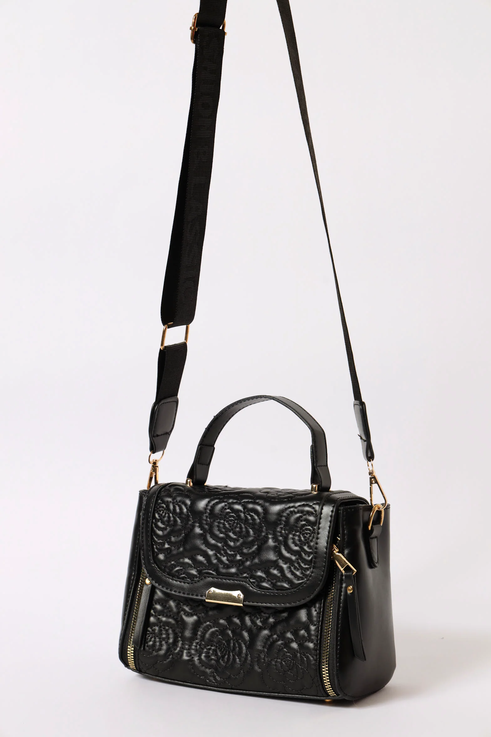 Flower Quilted Satchel Bag - Black/Gold - Image 2