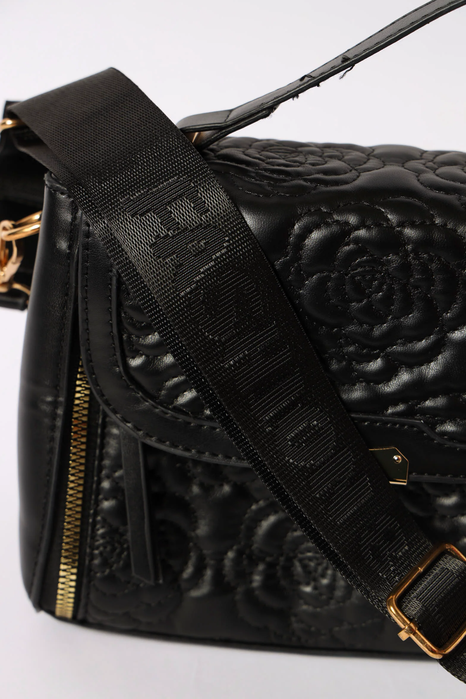 Flower Quilted Satchel Bag - Black/Gold - Image 3