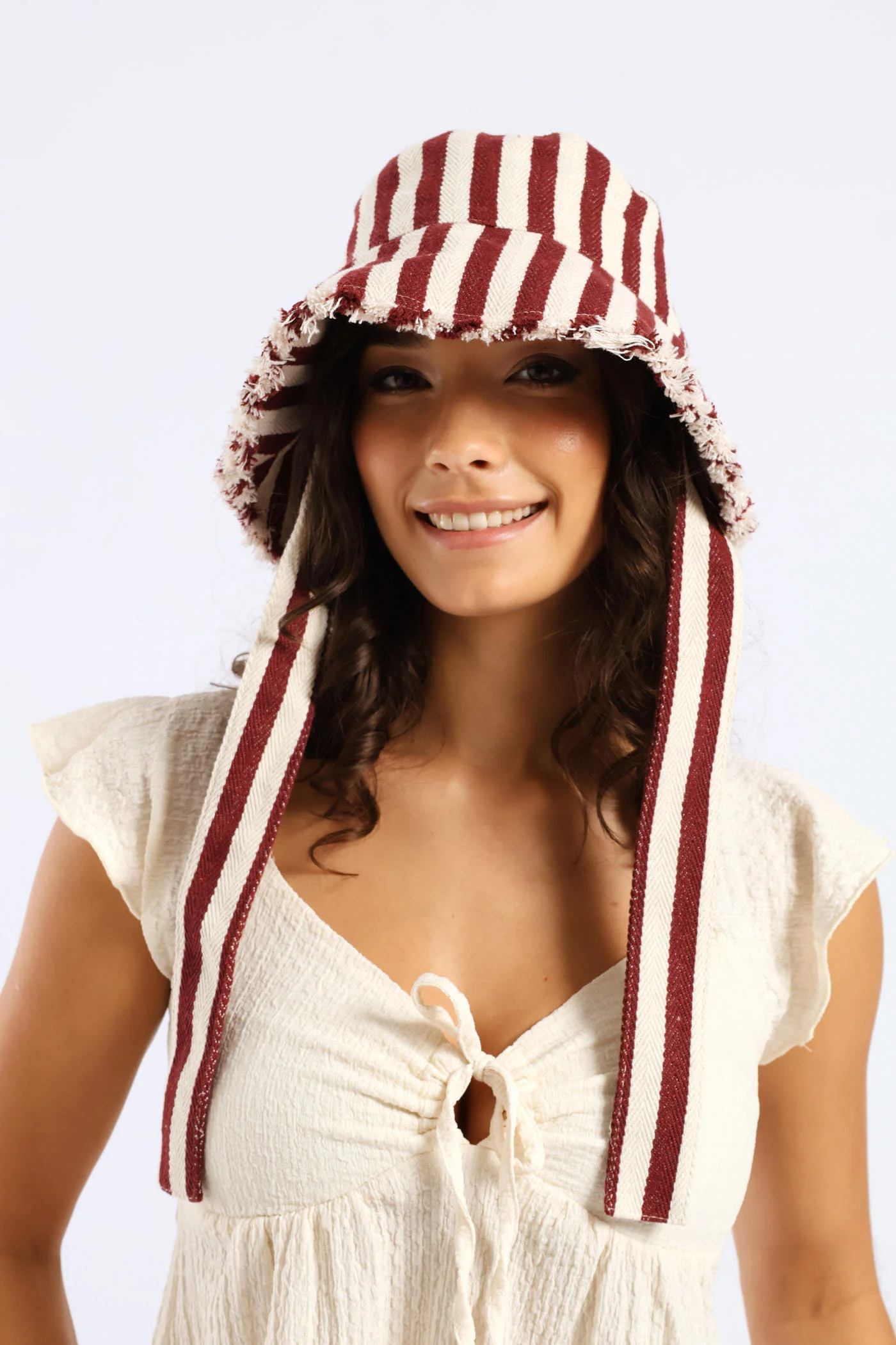 Frayed Edge Striped Bucket Hat & Self Fabric Ties - Burgundy