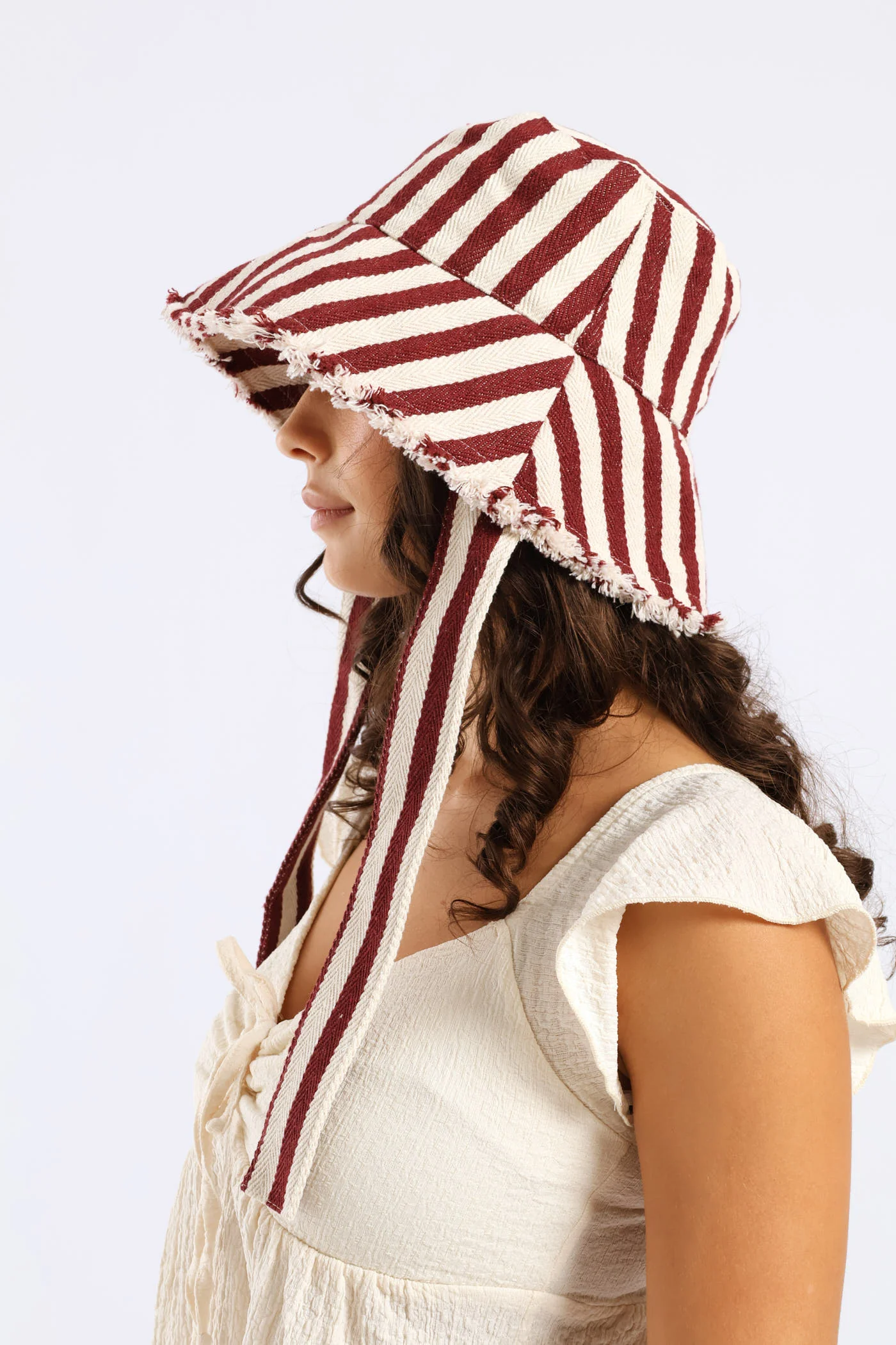 Frayed Edge Striped Bucket Hat & Self Fabric Ties - Burgundy - Image 2