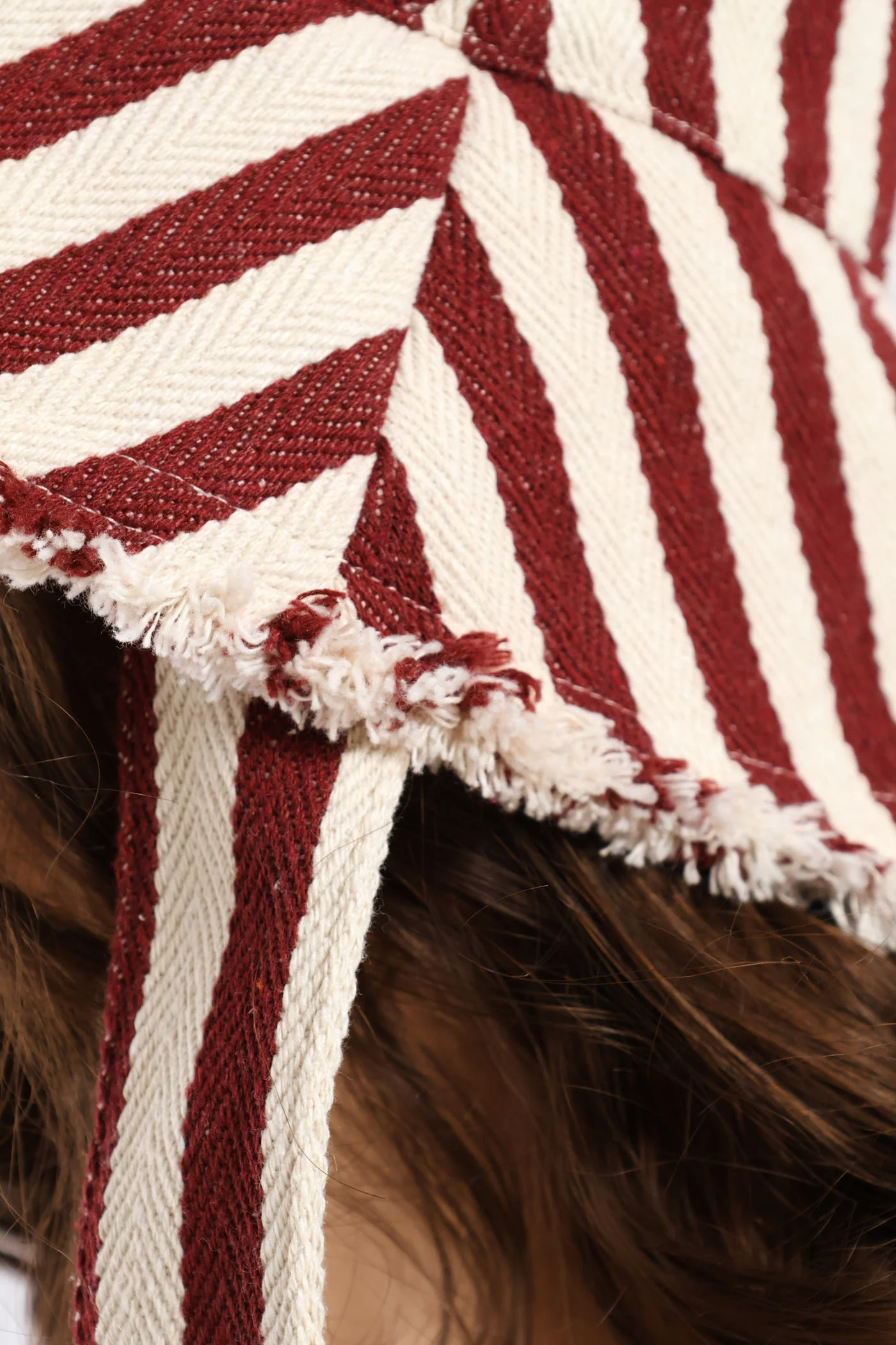 Frayed Edge Striped Bucket Hat & Self Fabric Ties - Burgundy - Image 3