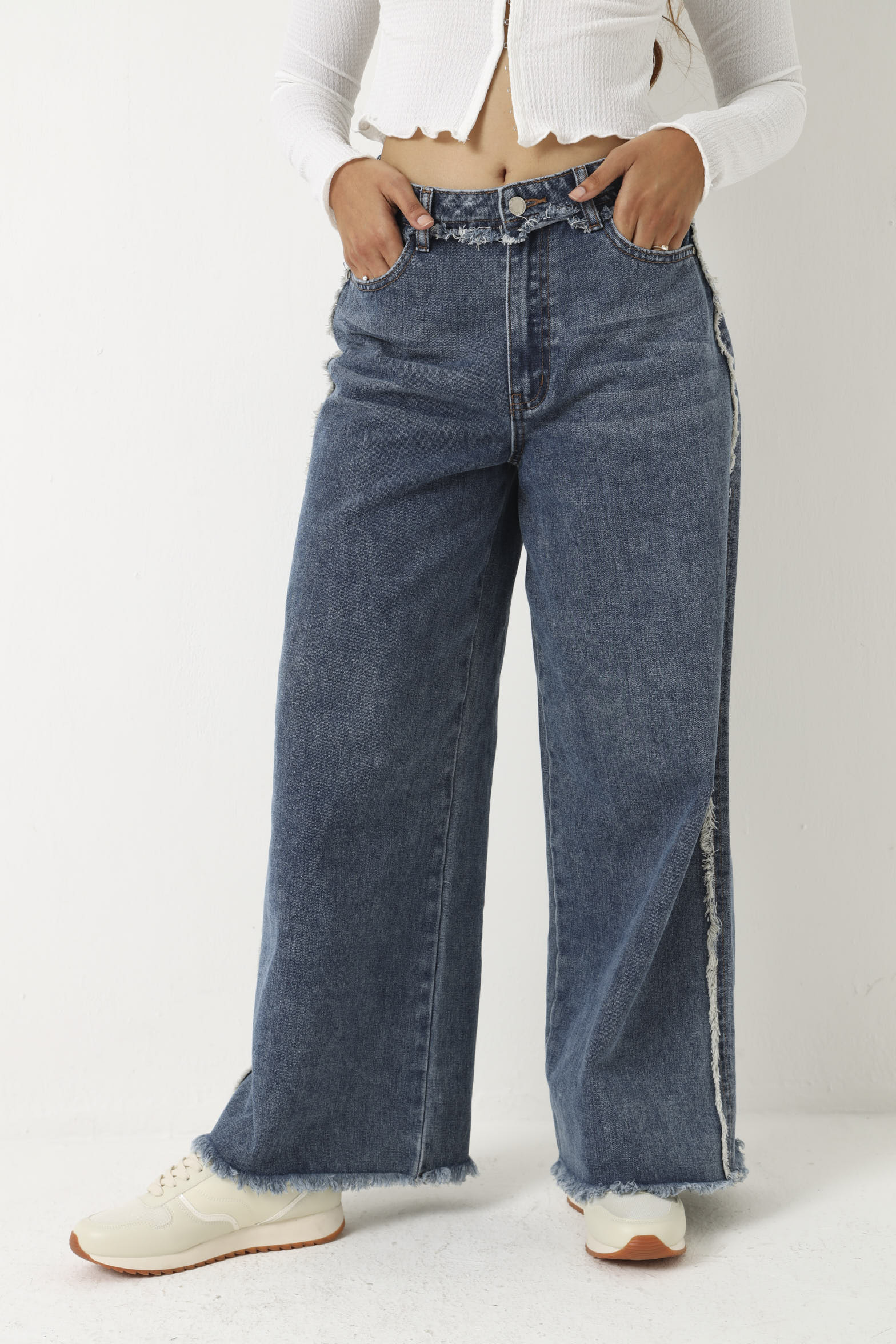 Frayed Side Seam Wide Leg Jean - Dark Wash