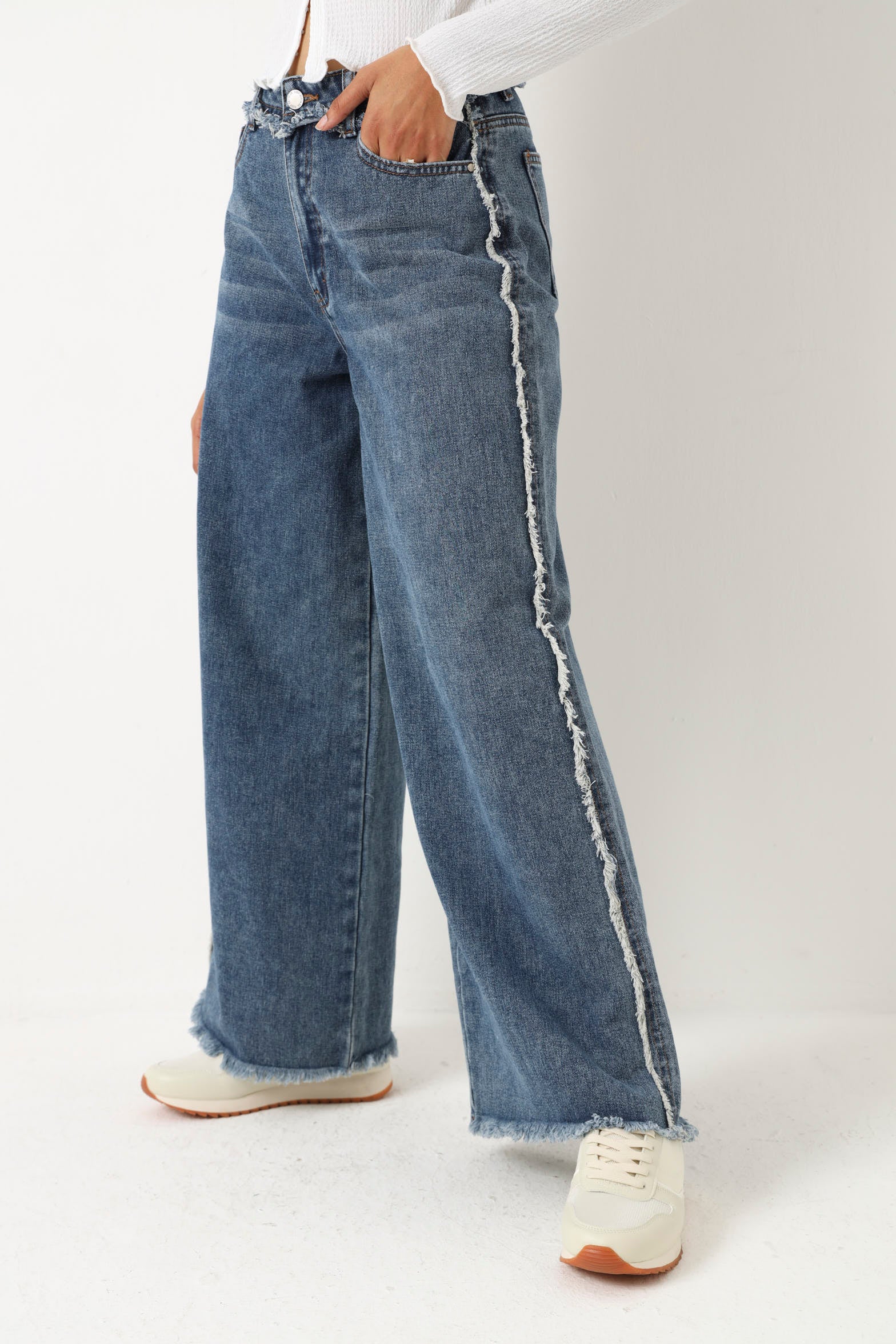 Frayed Side Seam Wide Leg Jean - Dark Wash - Image 3