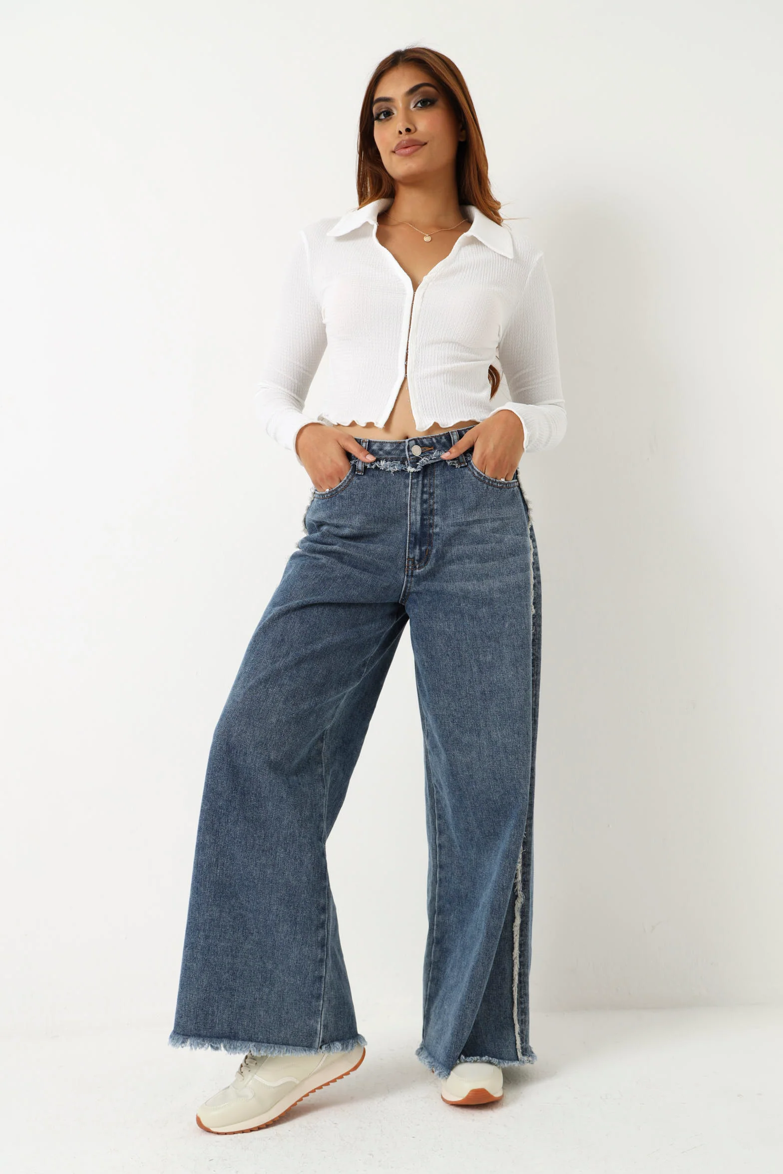 Frayed Side Seam Wide Leg Jean - Dark Wash - Image 8