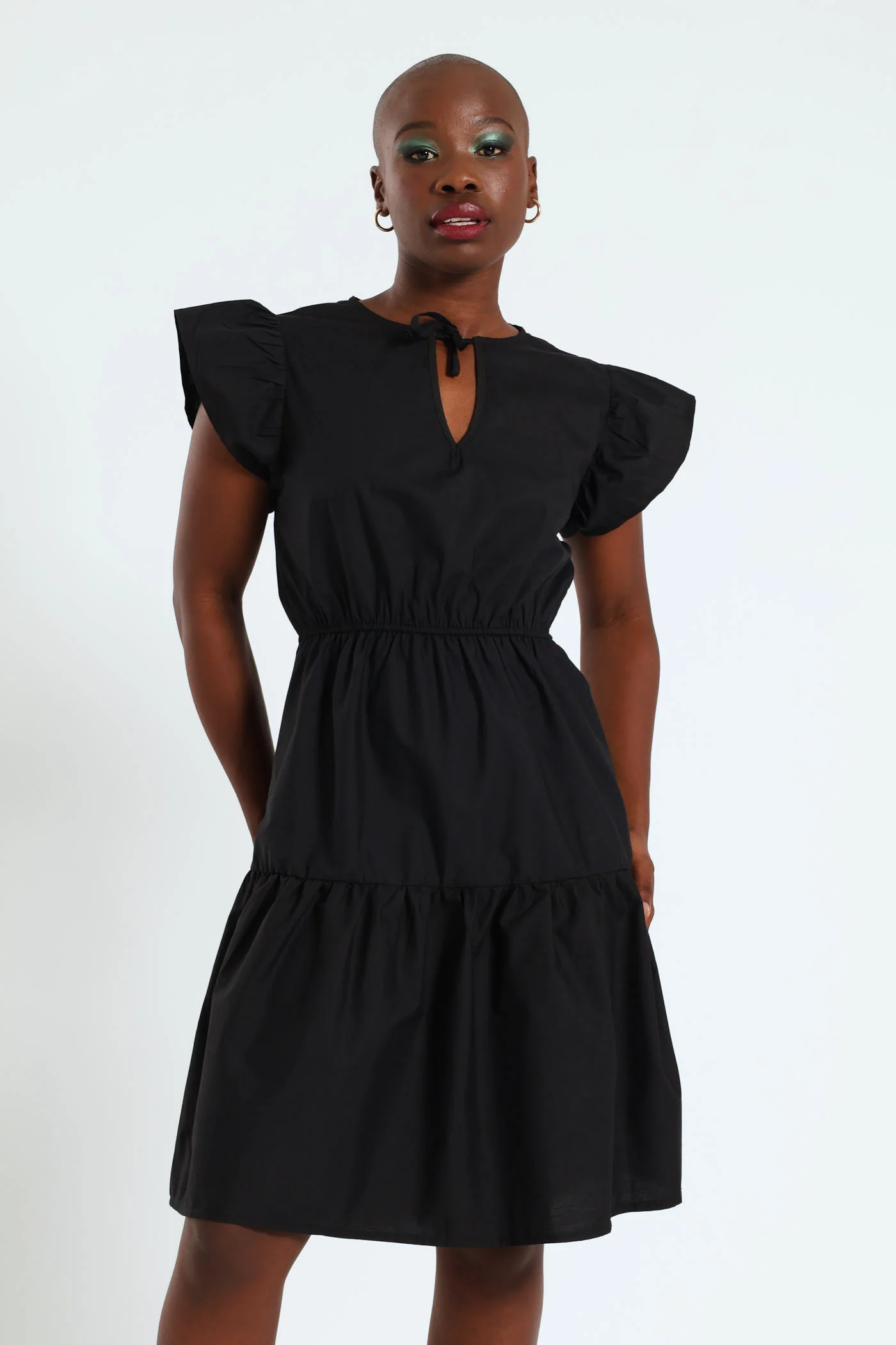 Frill Detail Poplin Mini Dress - Black