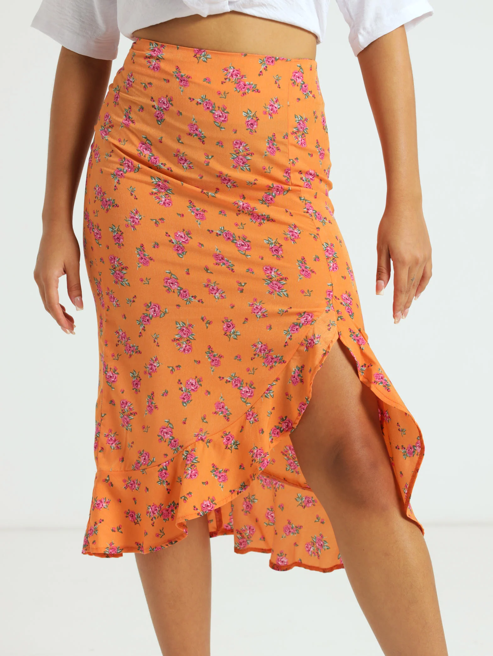Frill Front Floral Midi Skirt