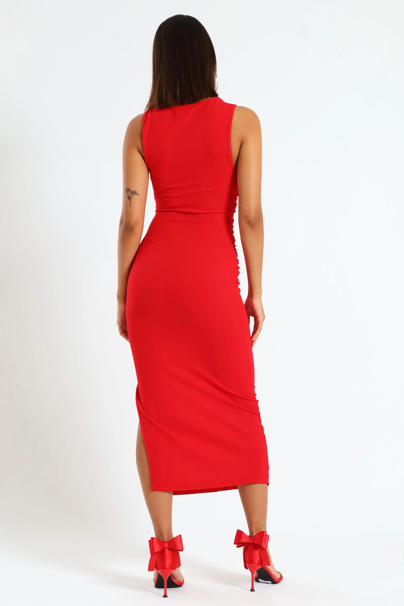 Frill Neck Mid Gauged Maxi Dress - Red - Image 7
