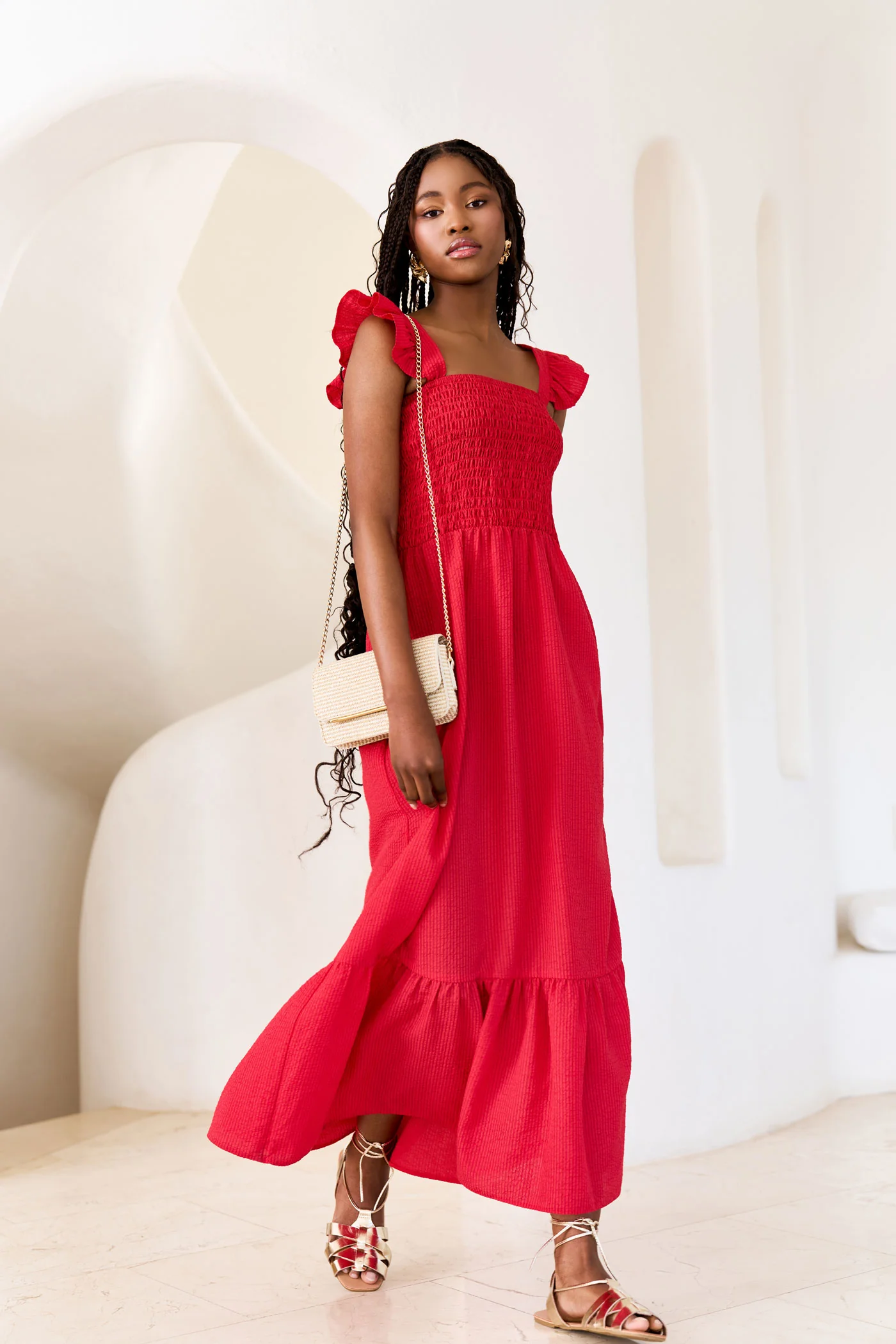 Frill Shoulder Shirred Bodice Seersucker Maxi Dress - Red