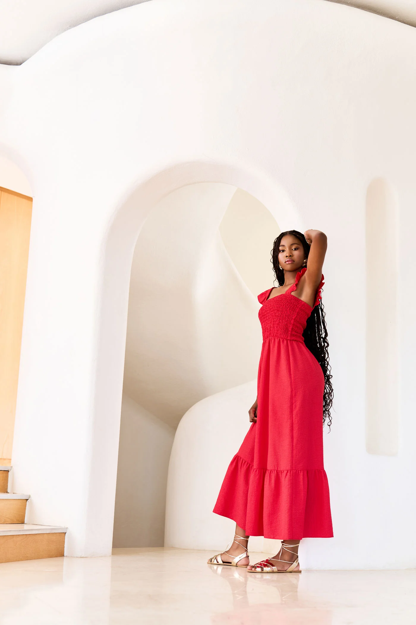 Frill Shoulder Shirred Bodice Seersucker Maxi Dress - Red - Image 2