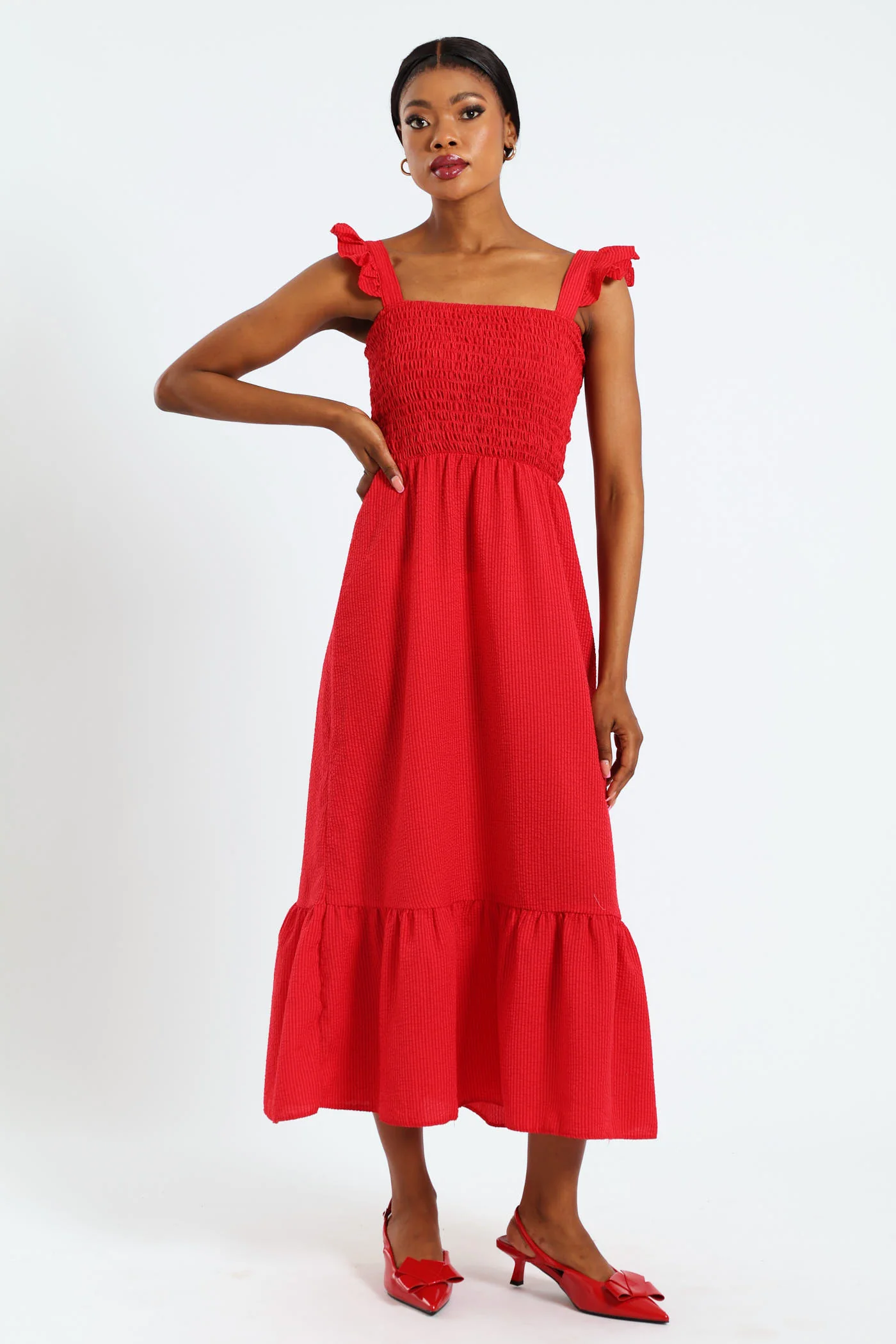 Frill Shoulder Shirred Bodice Seersucker Maxi Dress - Red - Image 7