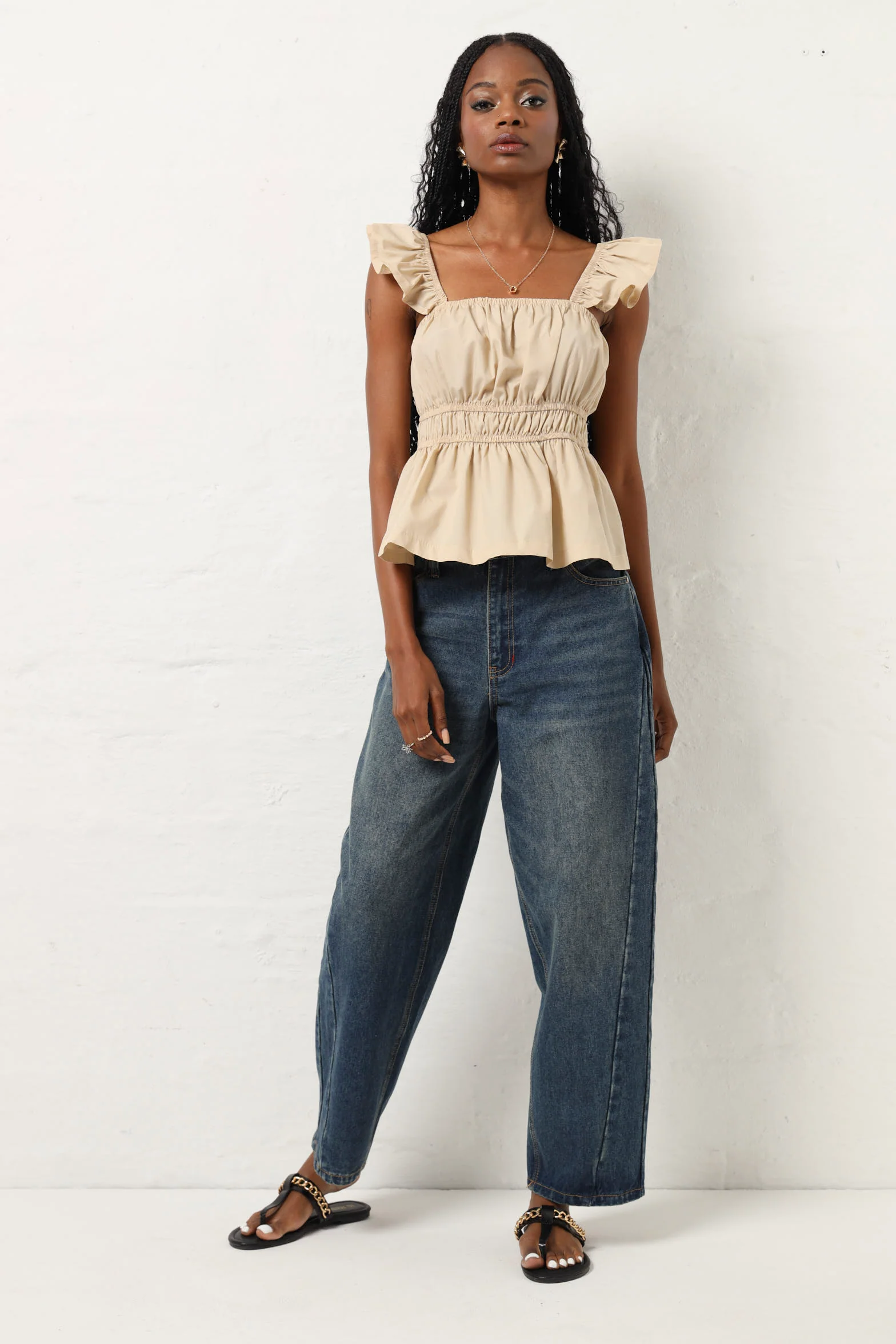 Frill Sleeve Rouched Bodice Poplin Blouse - Taupe