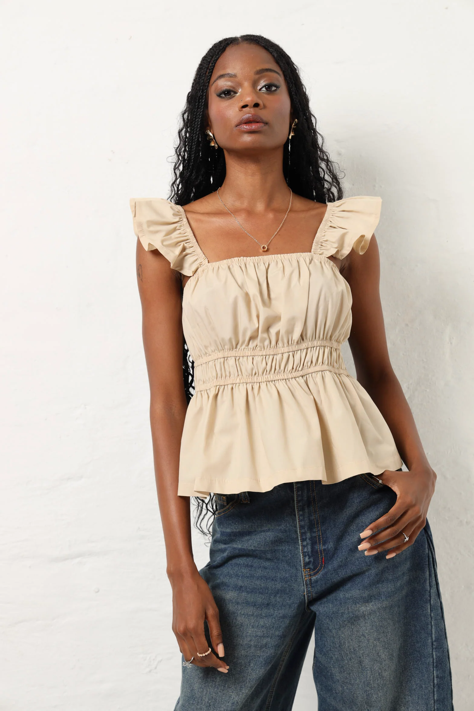 Frill Sleeve Rouched Bodice Poplin Blouse - Taupe - Image 2