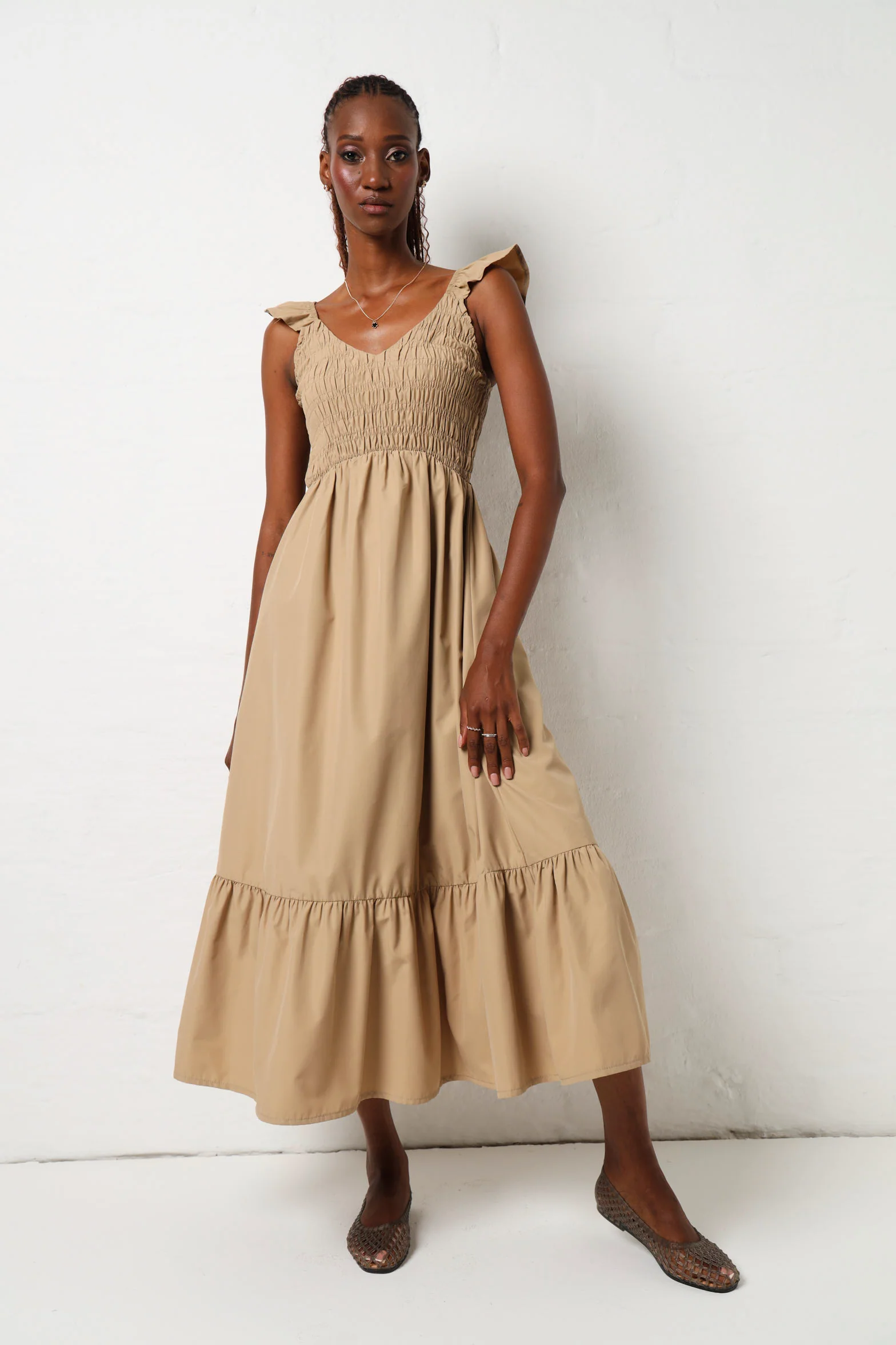 Frill Sleeve Shirred Bodice Maxi Dress - Stone