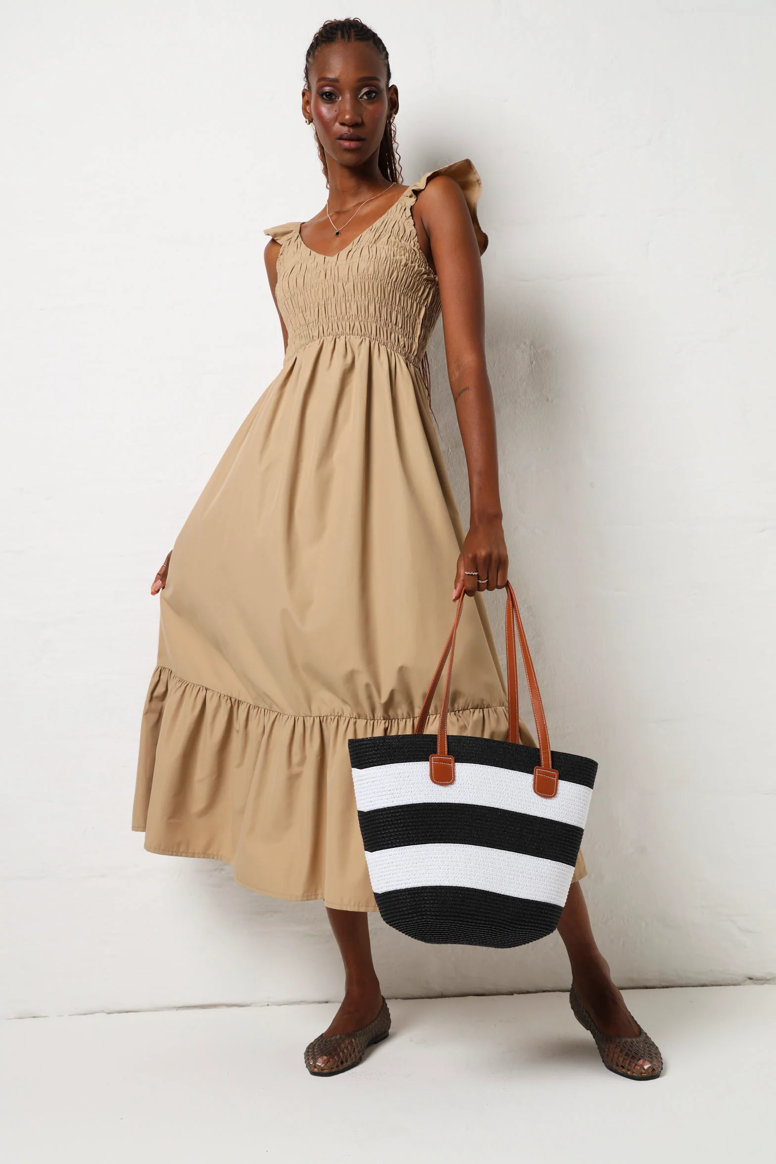 Frill Sleeve Shirred Bodice Maxi Dress - Stone - Image 2