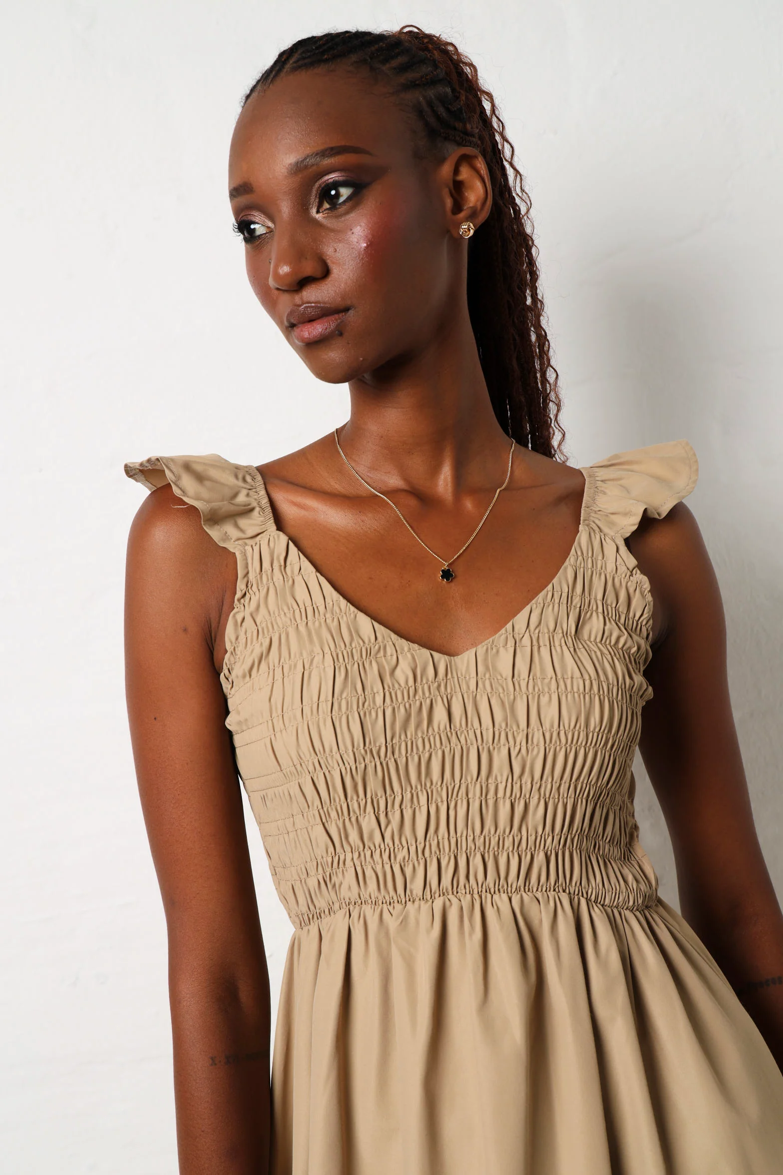 Frill Sleeve Shirred Bodice Maxi Dress - Stone - Image 3