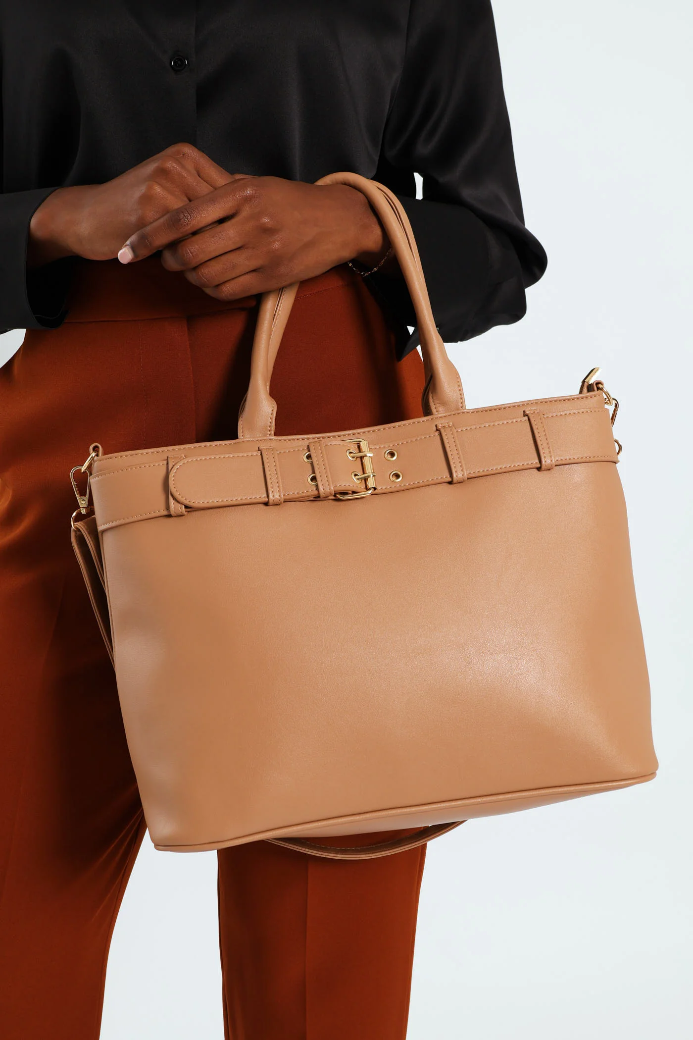 Front Buckle Detail Shopper Bag - Caramel