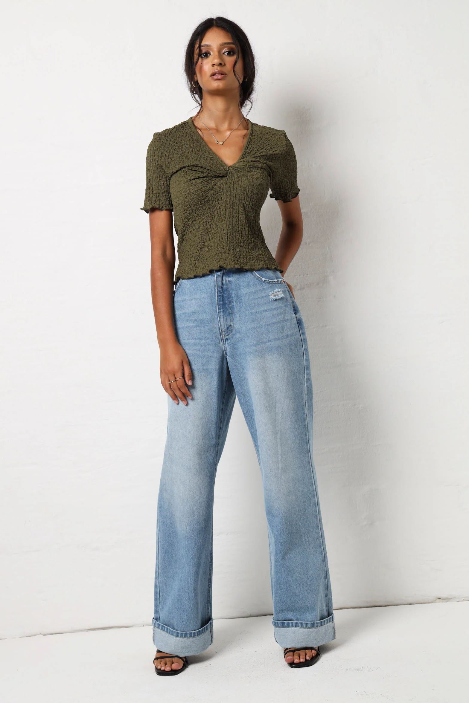 Front Knot Crinkle Knit Top - Fatigue - Image 2