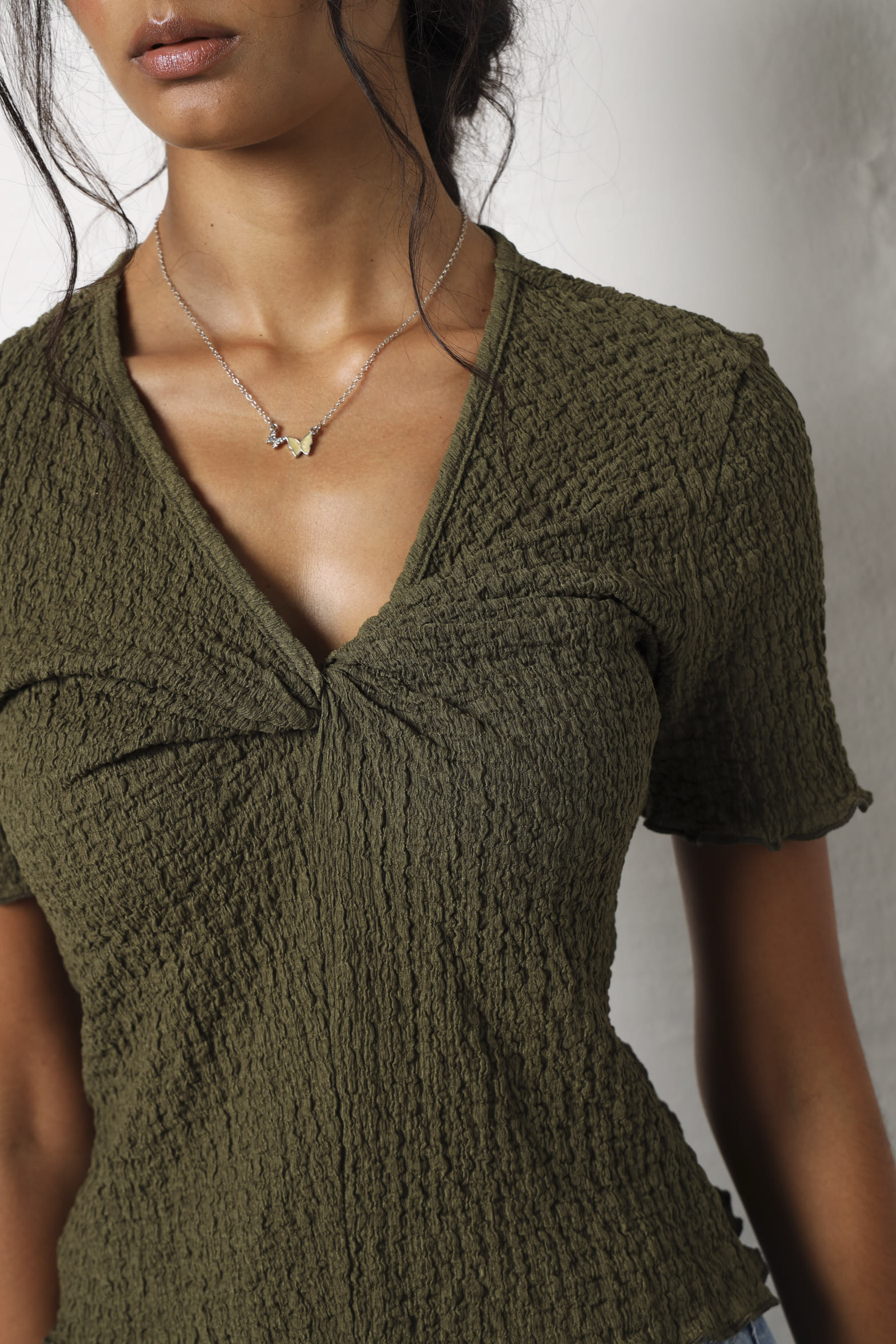 Front Knot Crinkle Knit Top - Fatigue - Image 3